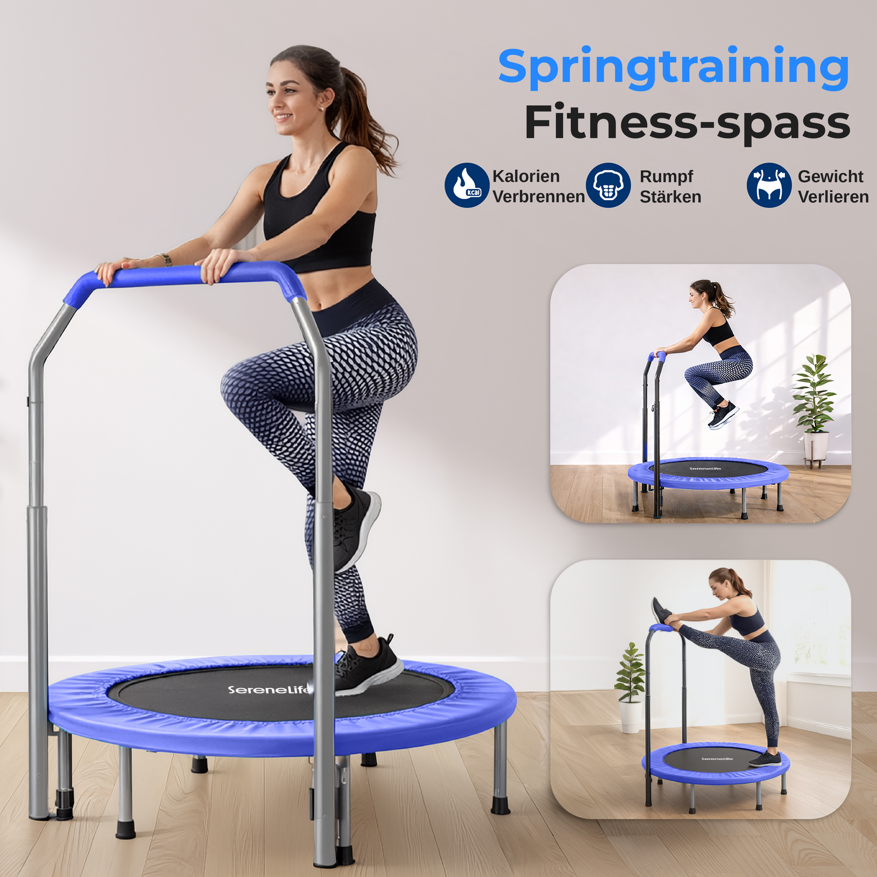 Frau auf einem blauen Trampolin mit Griff, trainiert und dehnt sich.