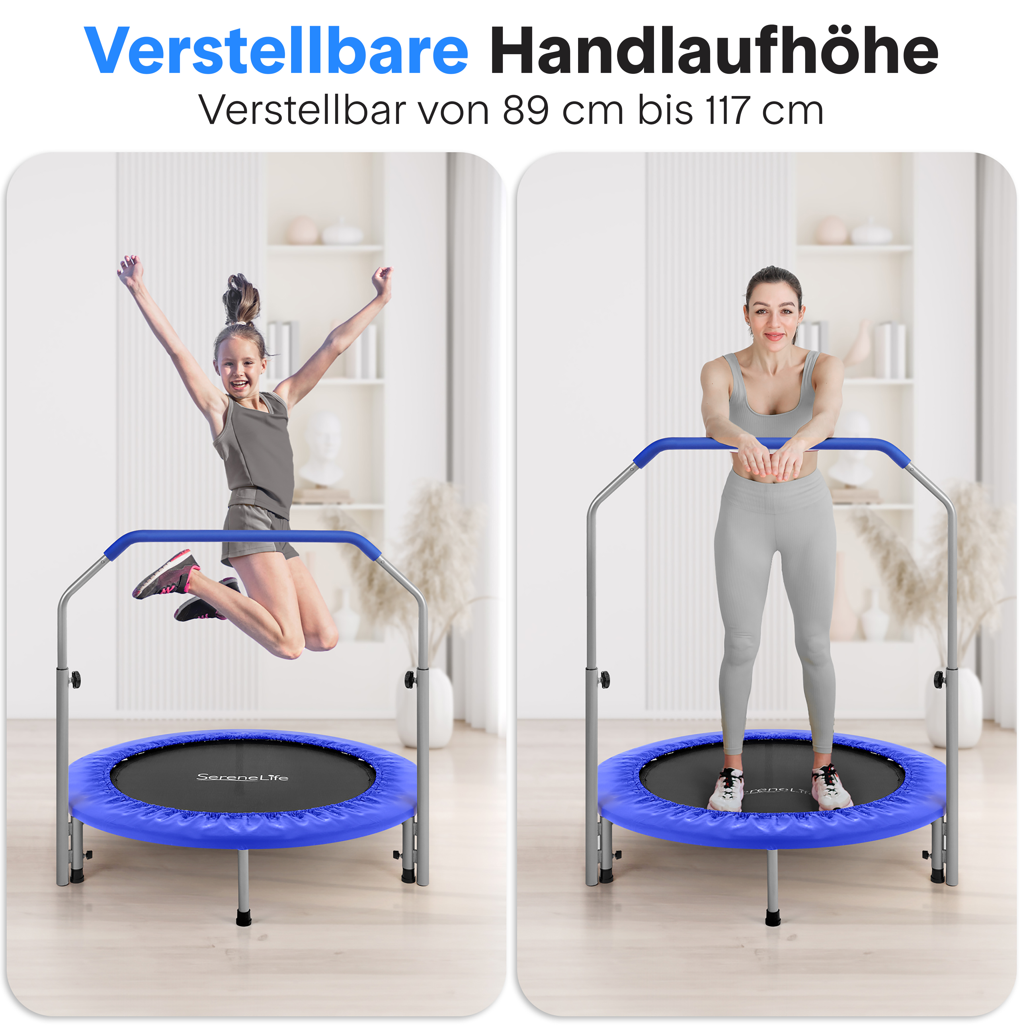 Ein Mädchen springt auf einem Trampolin, eine Frau steht auf einem.