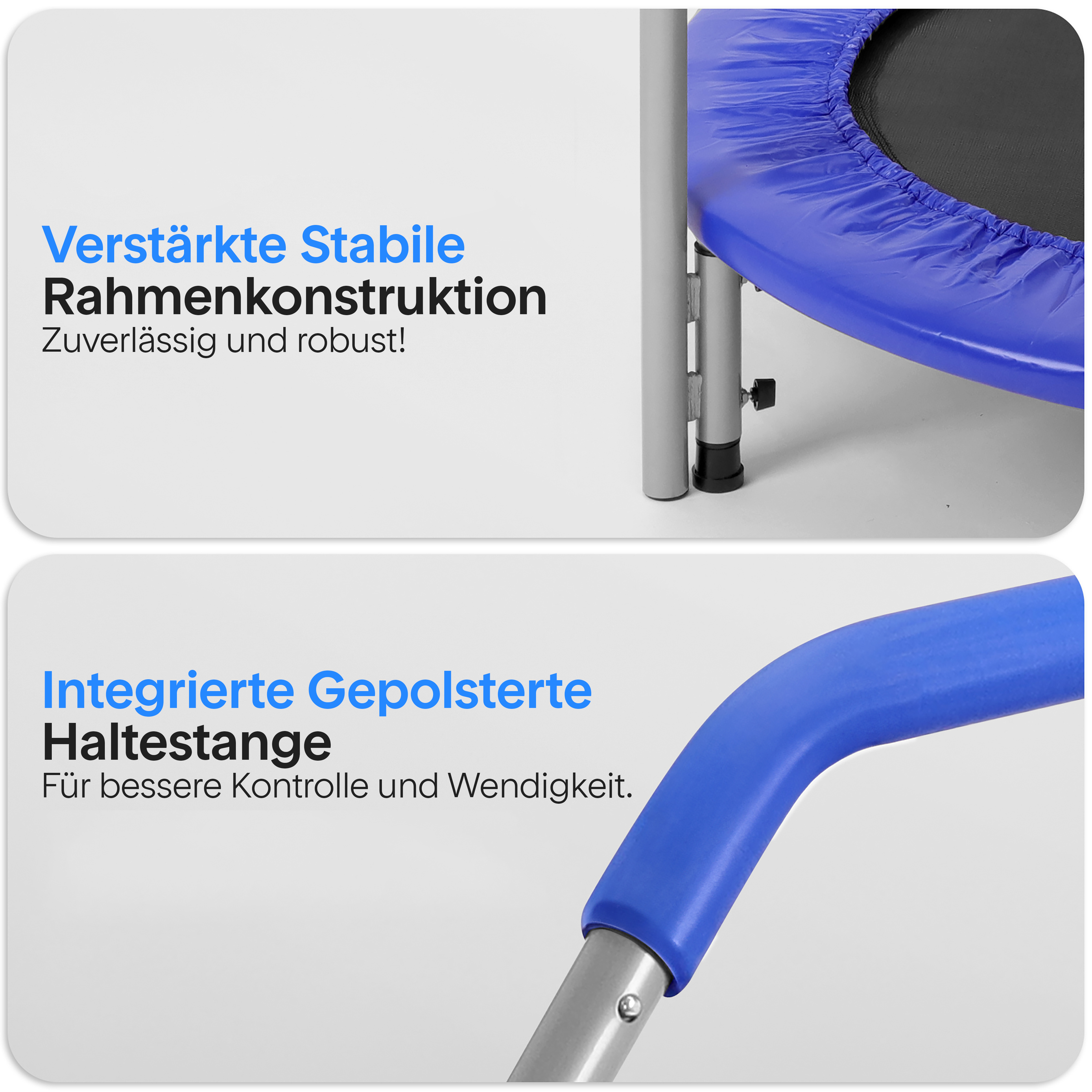 Trampolin mit verstärkter Rahmenkonstruktion und gepolsterter Haltestange.