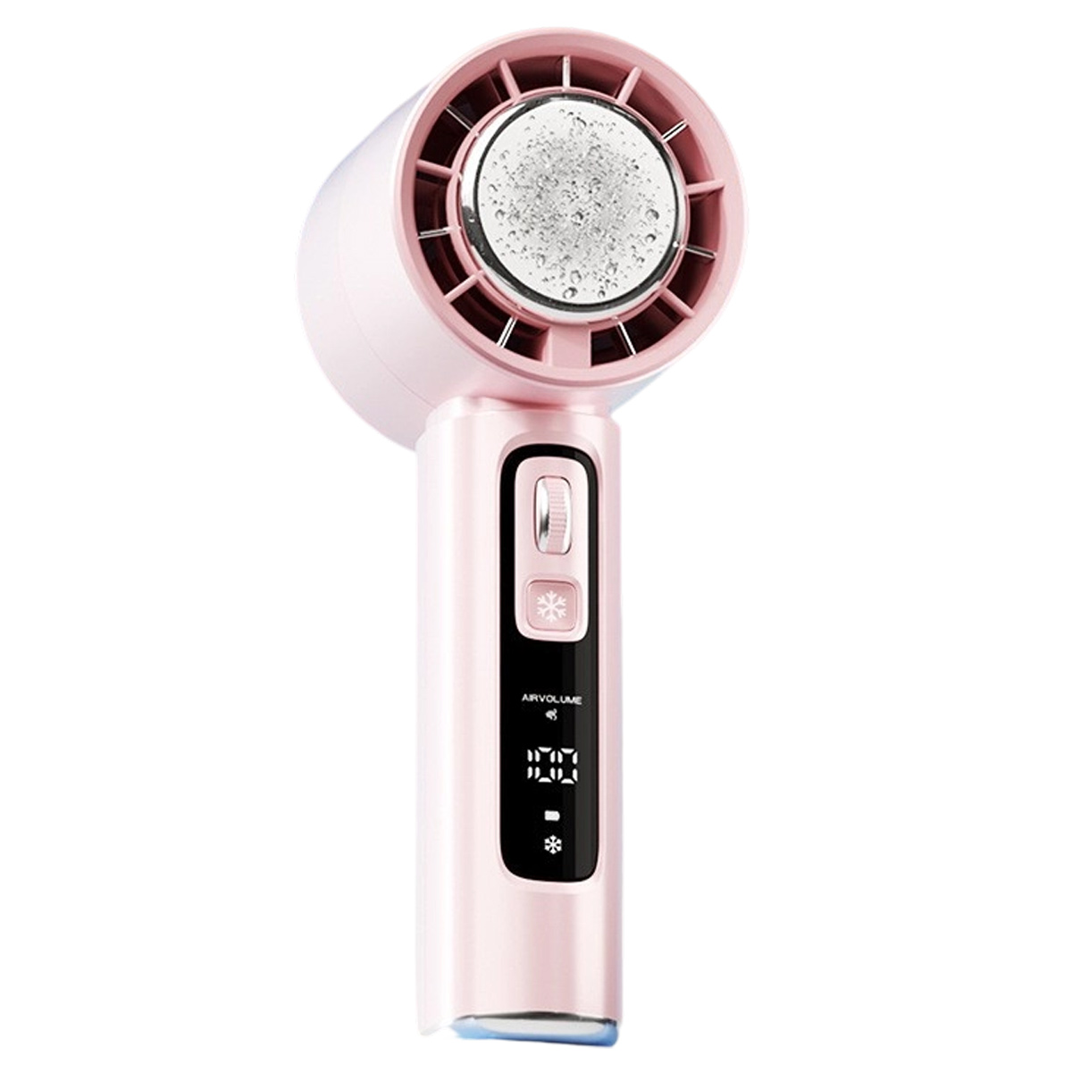 Ein pinker Haartrockner mit runder Düse und digitaler Anzeige am Griff.