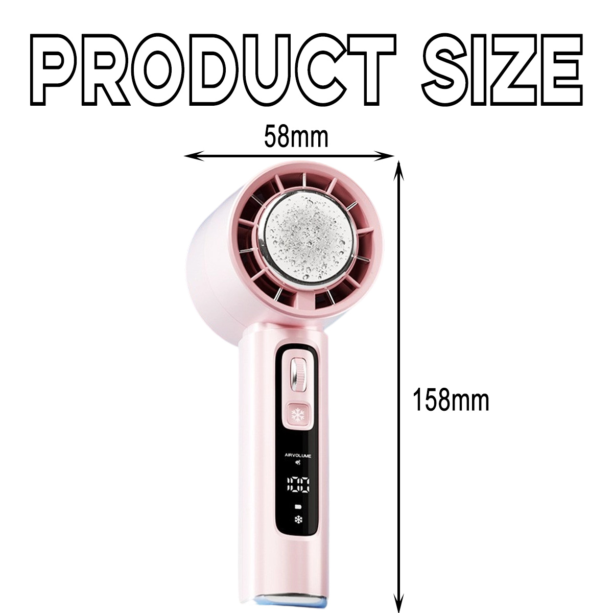 Ein rosa Haartrockner mit Größenangaben: 58mm breit und 158mm lang.