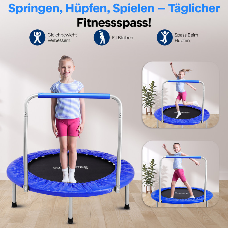 Mädchen auf einem blauen Trampolin mit Griff. Drei Szenen zeigen Übungen.