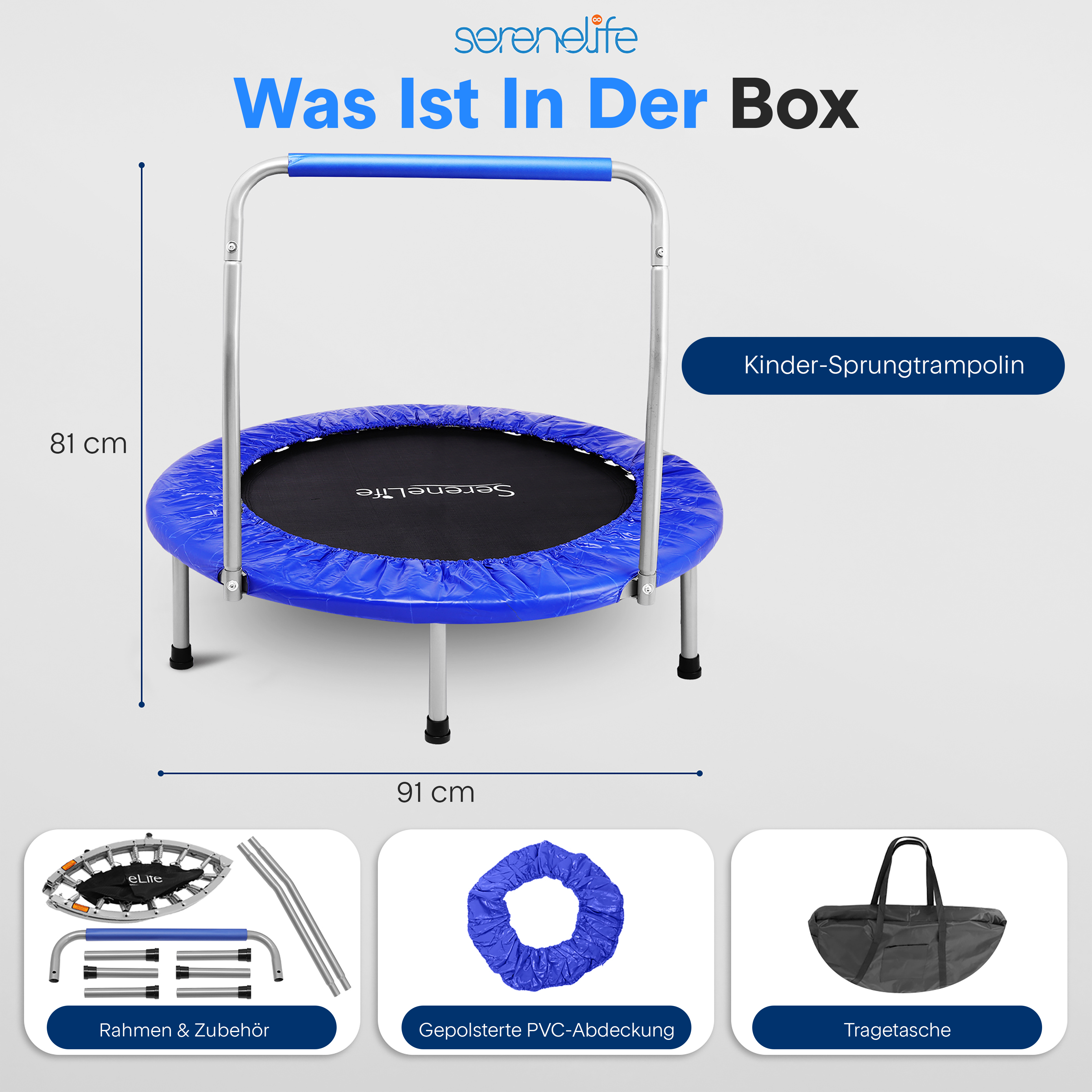 Ein rundes blaues Kindertrampolin mit silbernem Griff und Maßen.