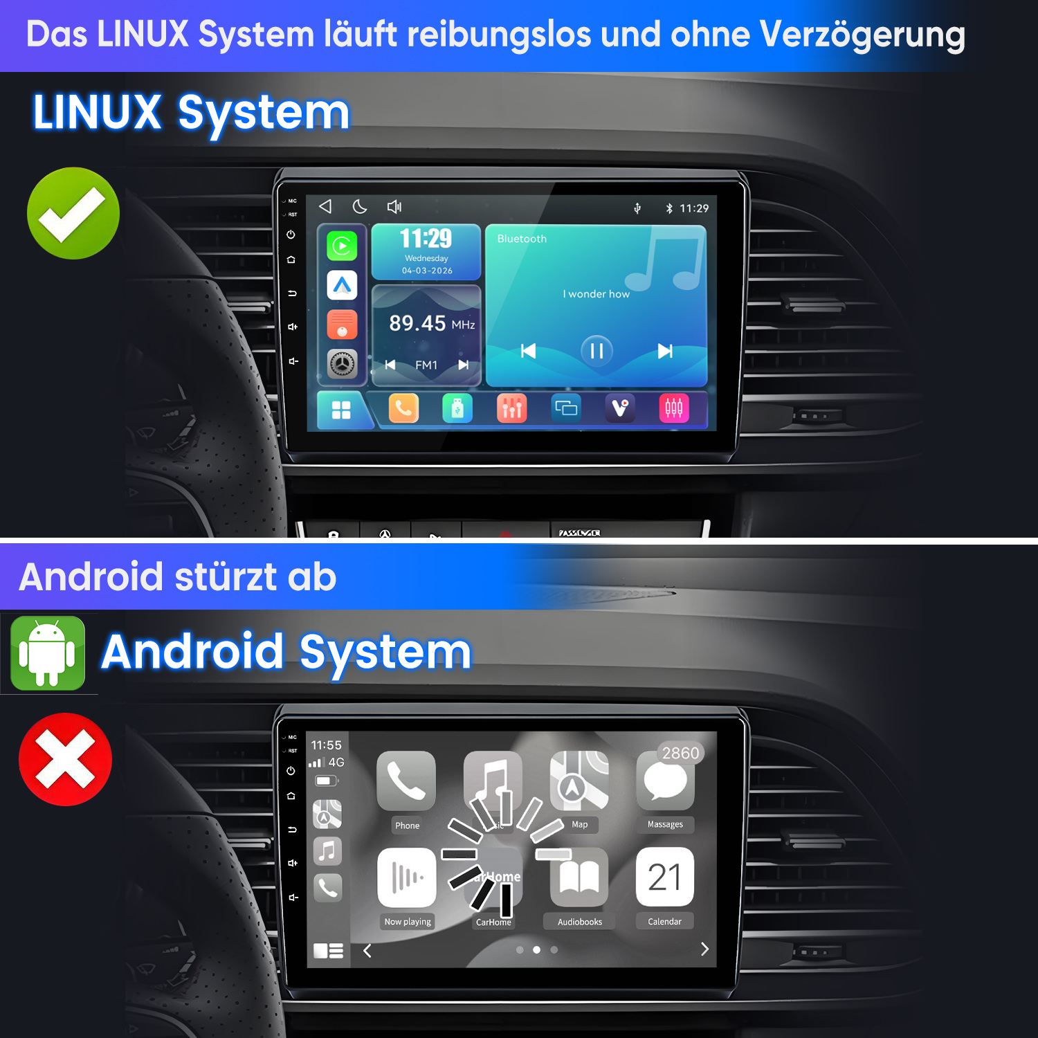 Autobildschirm zeigt LINUX-System (oben) und Android-System (unten). Oben zeigt Musik-Player, unten App-Symbole.