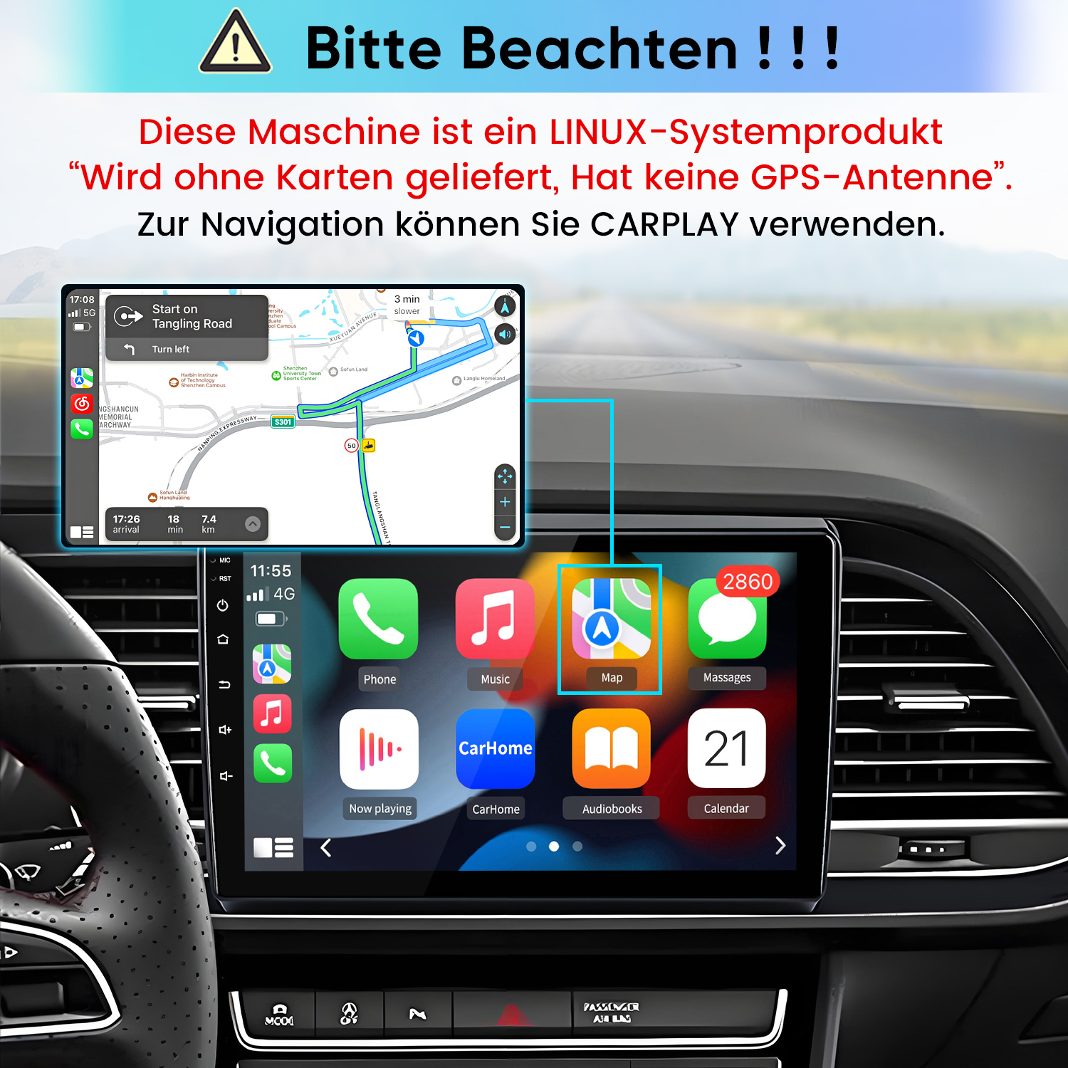 Auto-Infotainmentsystem mit Navigation und Apps. Warnhinweis auf Deutsch.