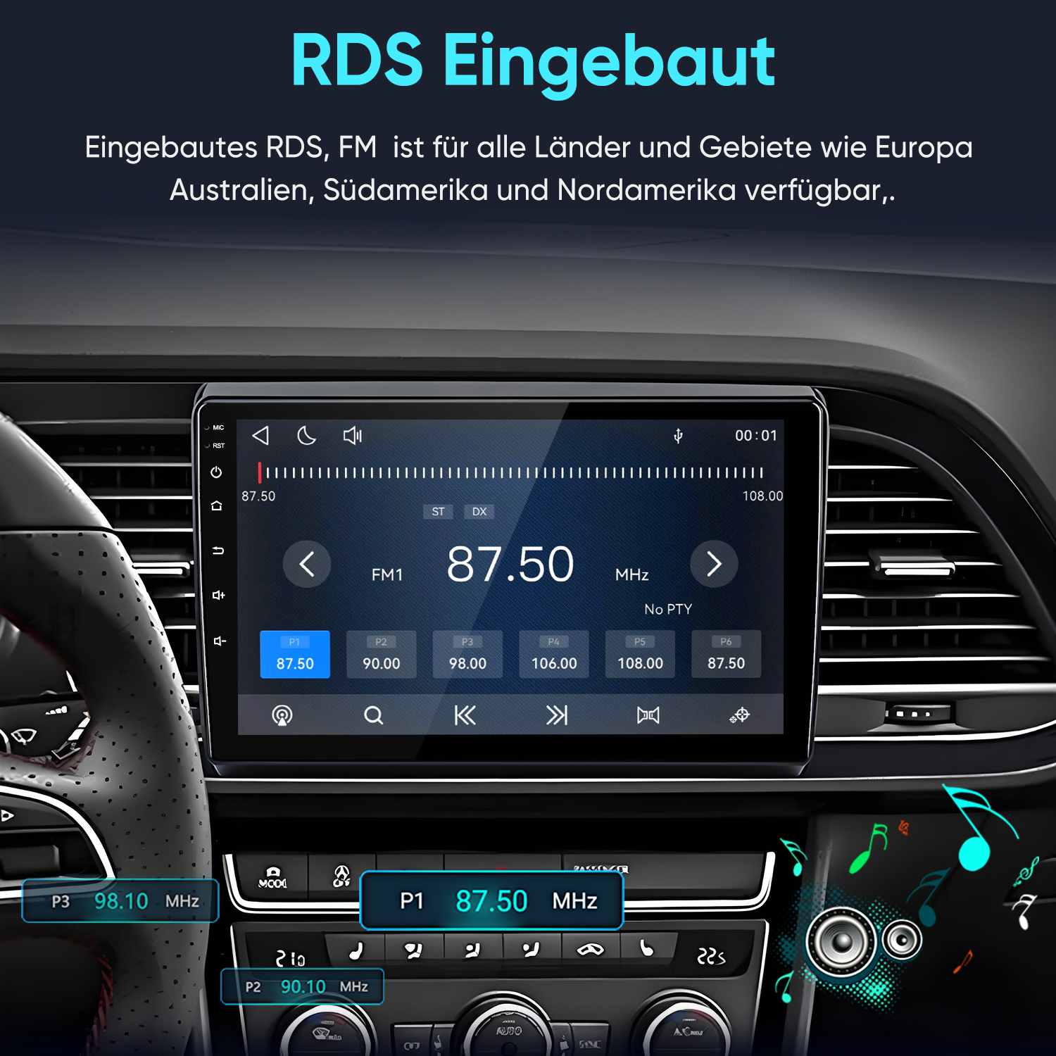Ein Autoradio mit RDS-FM-Funktion zeigt Sender und Frequenzen an.