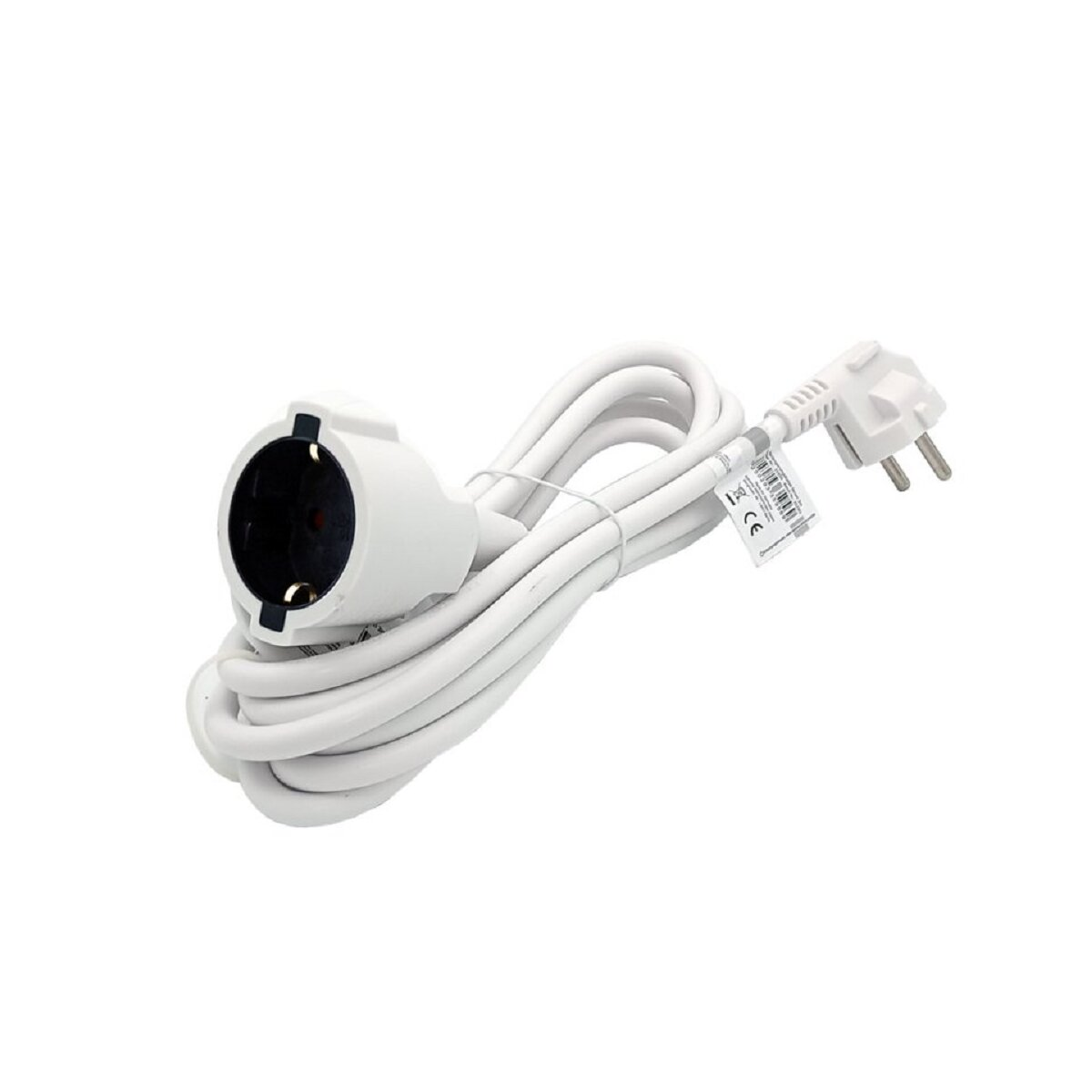 Ein weißes Stromkabel mit einem Stecker und einer Buchse auf weißem Hintergrund.