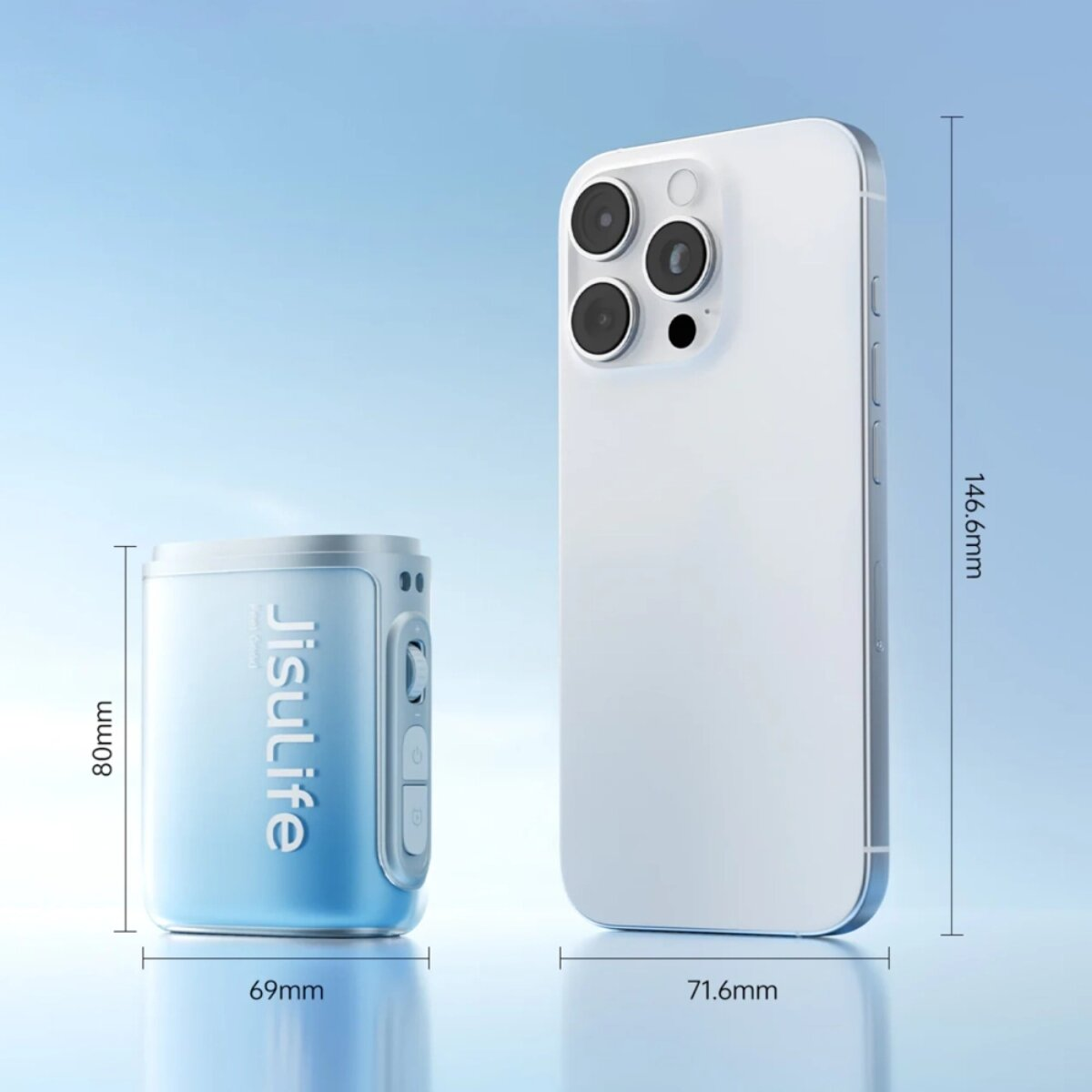 Un piccolo dispositivo blu Jisulife accanto a uno smartphone bianco, con dimensioni.