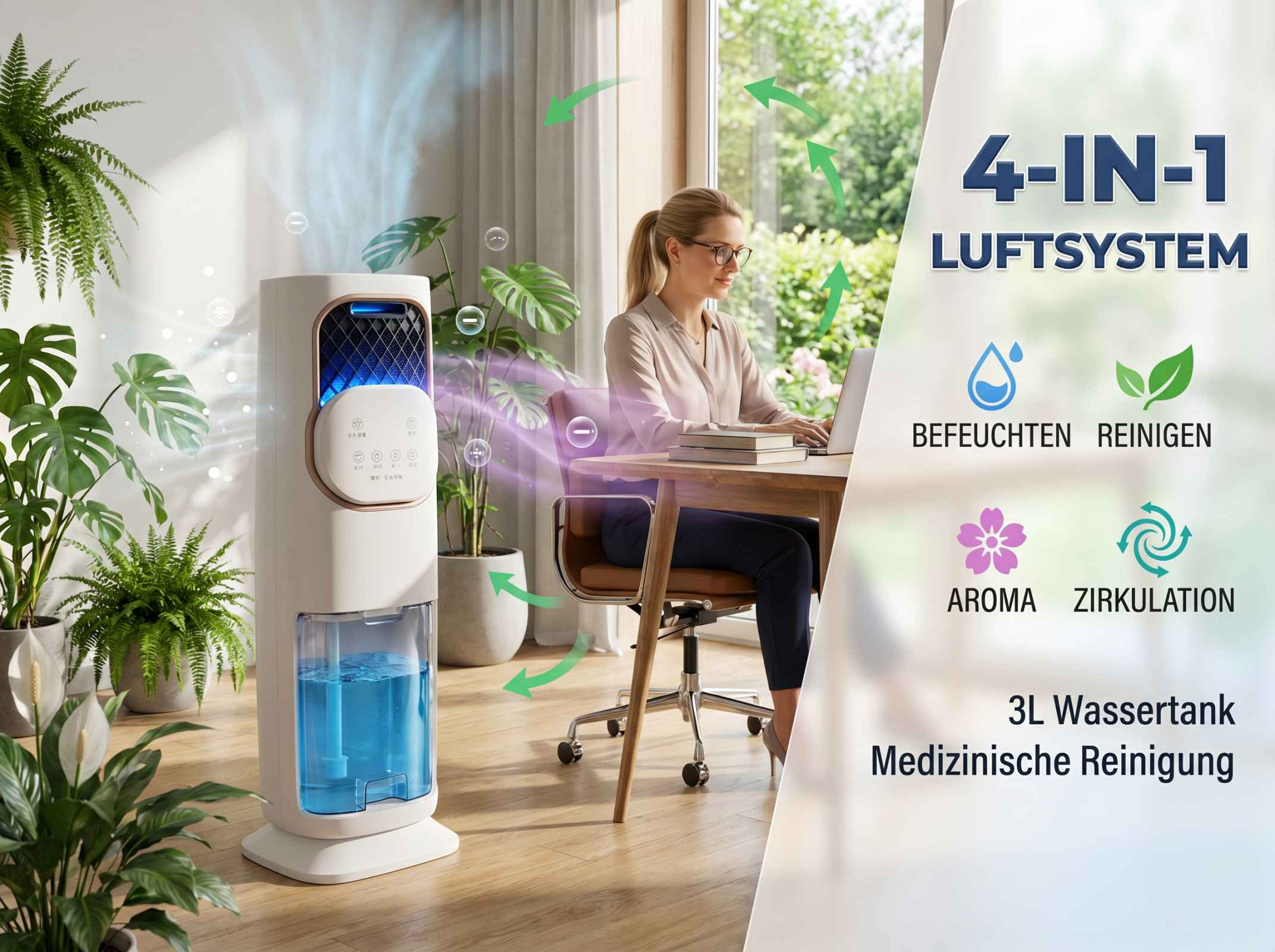 Frau arbeitet am Laptop neben 4-in-1 Luftsystem mit Befeuchtung, Reinigung, Aroma, Zirkulation.