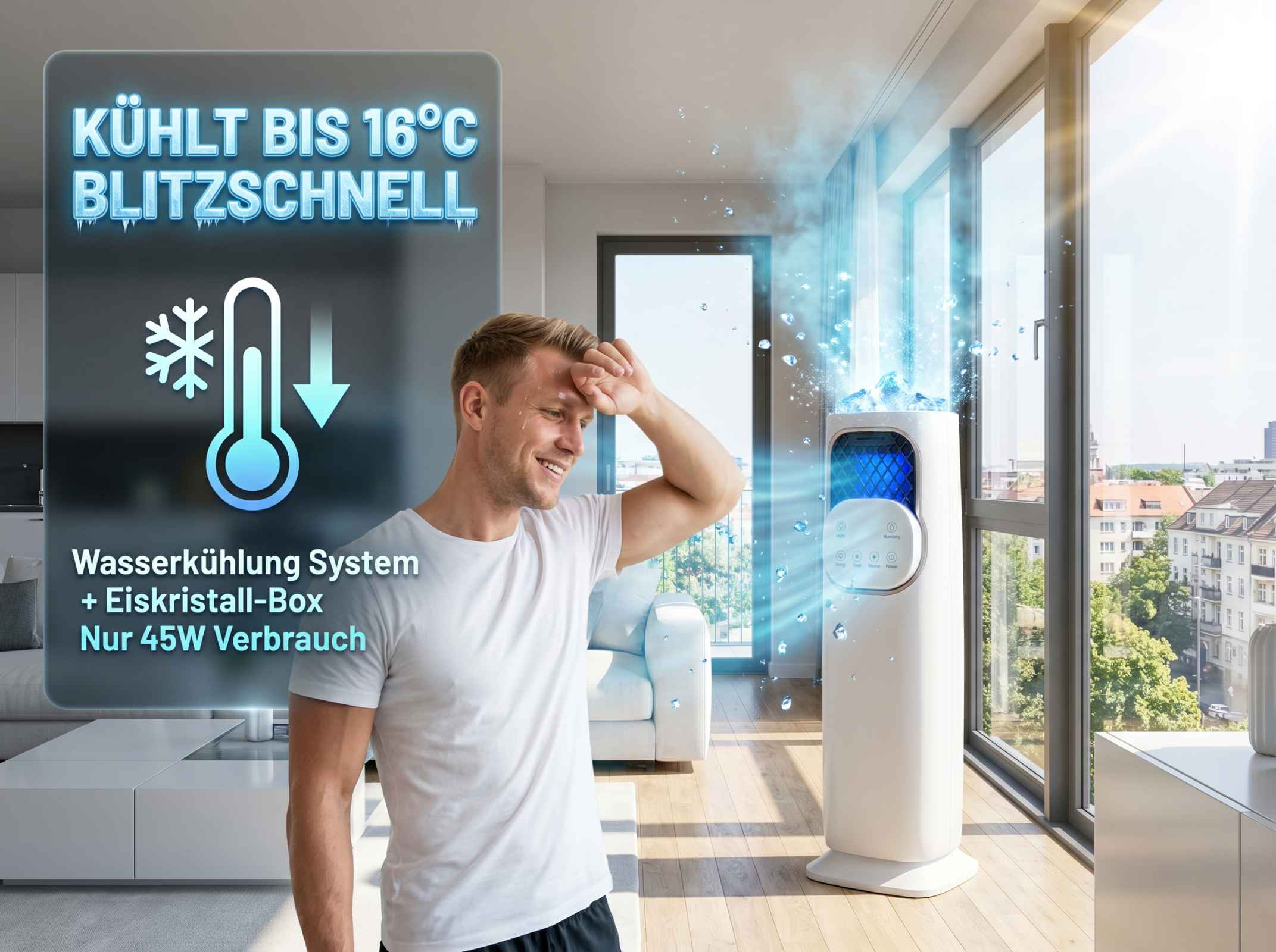 Ein Mann schwitzt, ein Kühler sprüht Wasser und Eis vor einem Fenster.