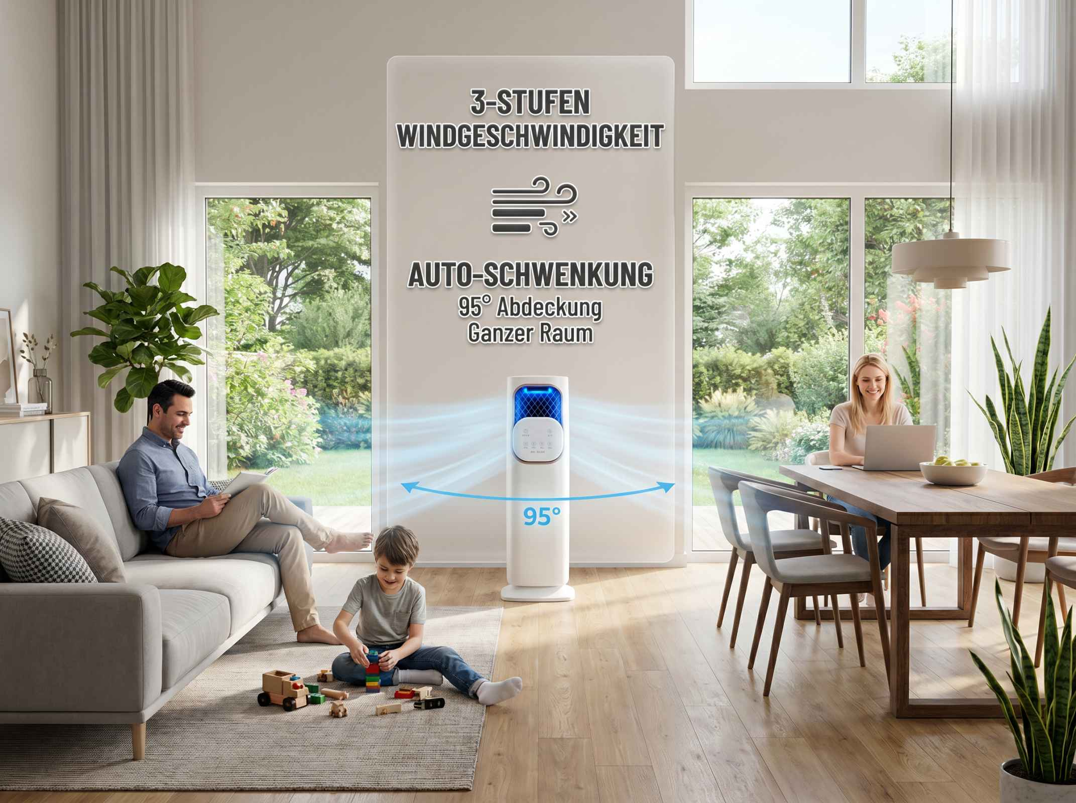 Ein Mann liest auf dem Sofa, ein Kind spielt, ein Luftreiniger steht im Raum.