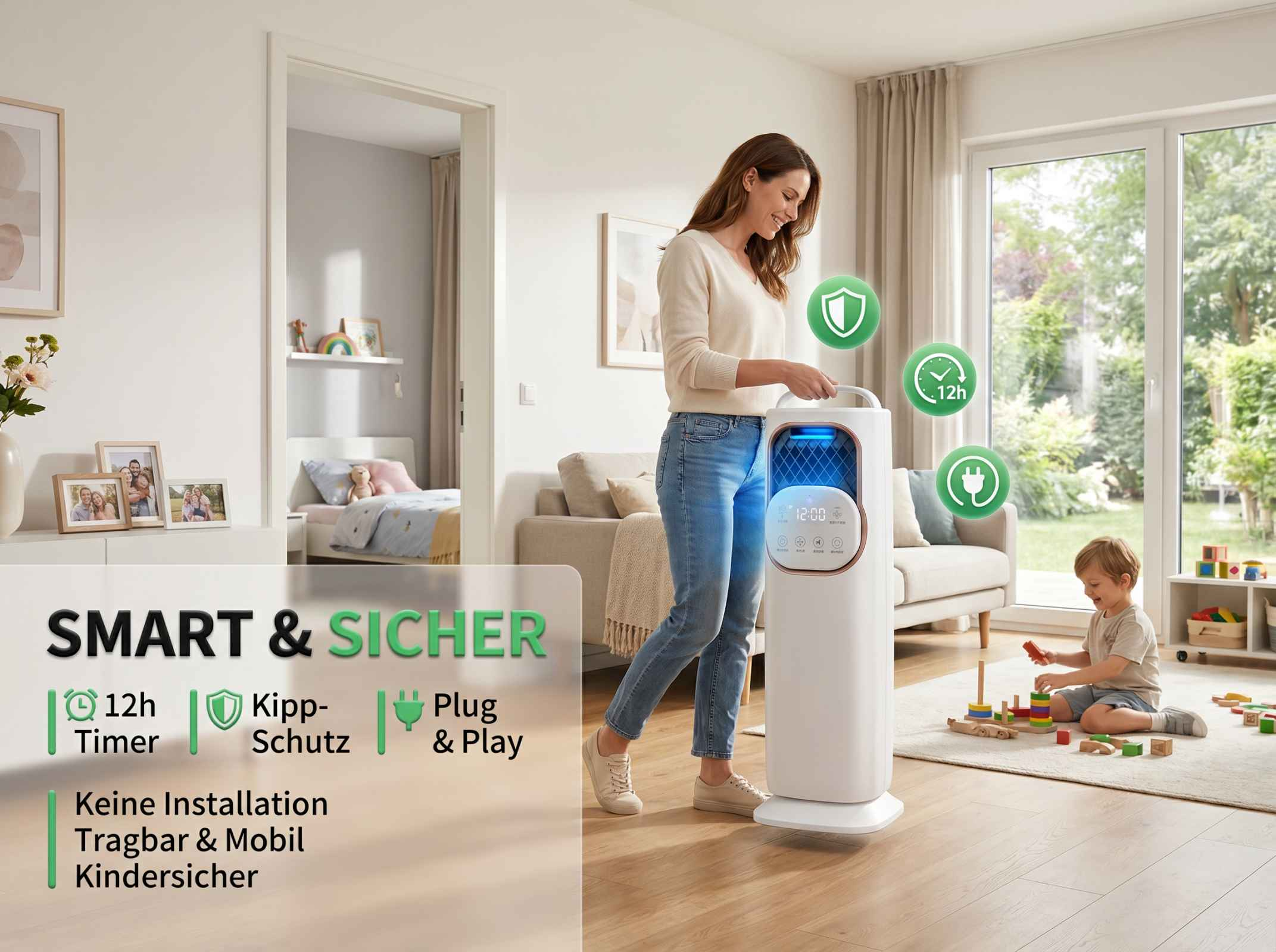 Frau mit Luftreiniger, Kind spielt im Wohnzimmer. Anzeige: Smart & Sicher.