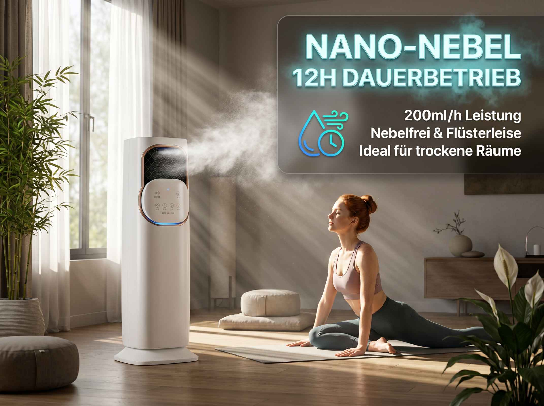 Luftbefeuchter mit Nano-Nebel, der eine Frau beim Yoga mit Feuchtigkeit versorgt.