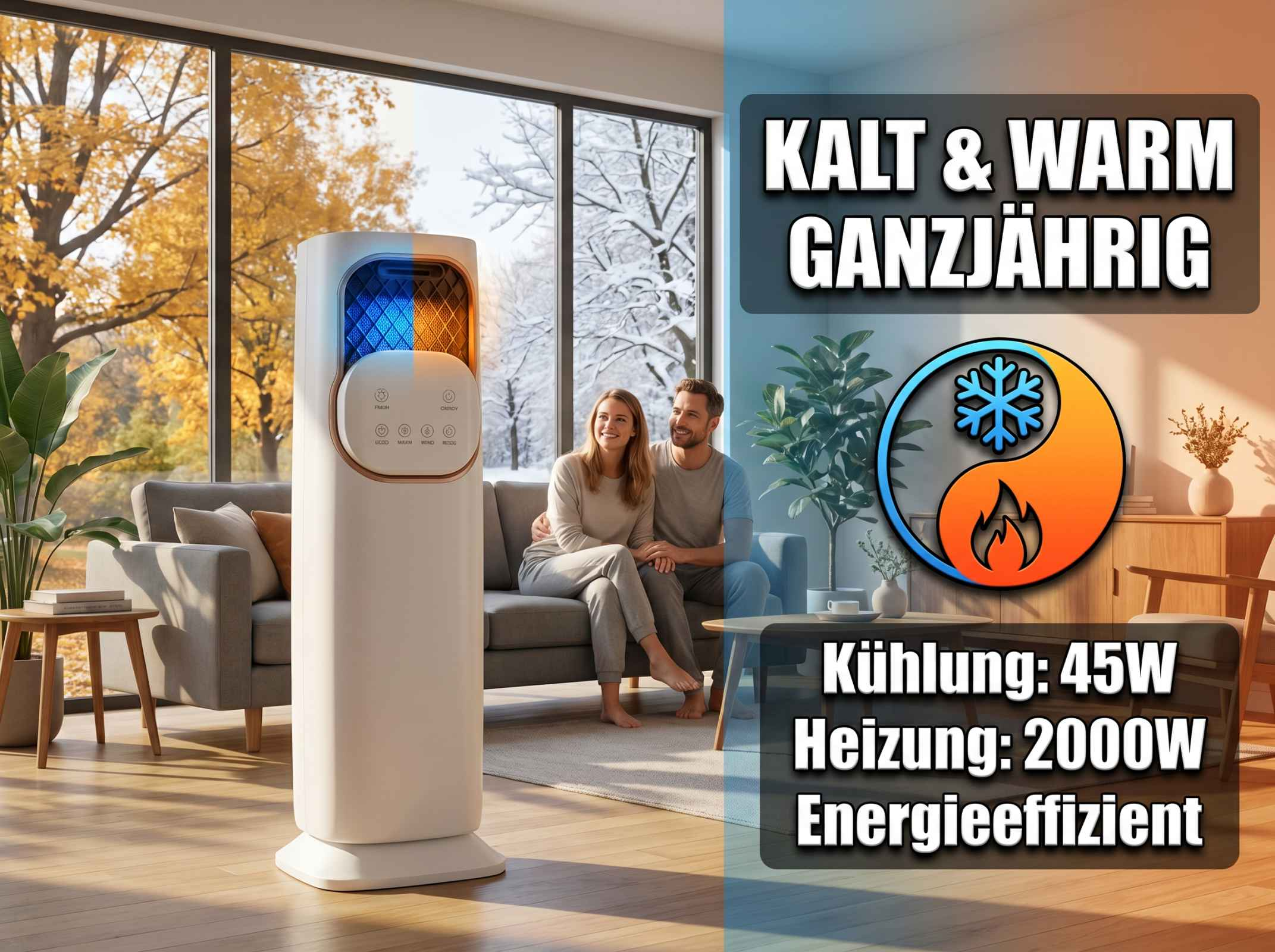 Ein Paar sitzt auf einem Sofa vor einem Fenster, das Herbst und Winter zeigt.