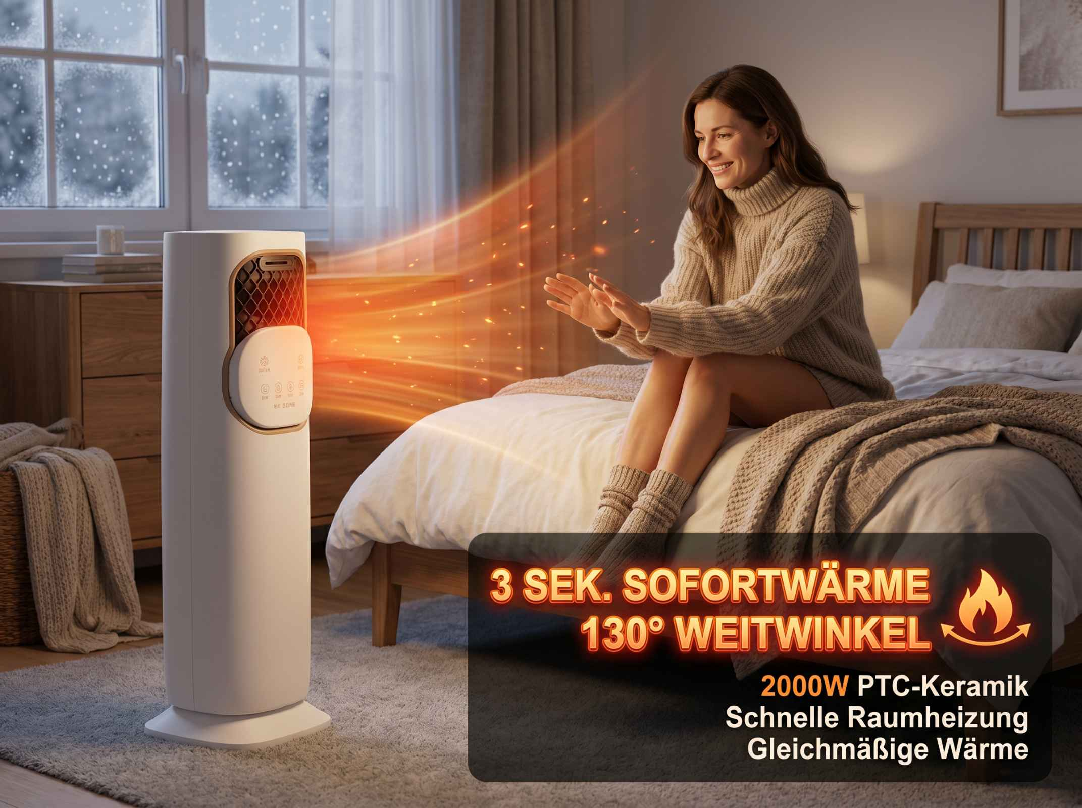 Ein Mann sitzt auf einem Bett und wärmt sich an einem Heizgerät, das warme Luft ausstößt.