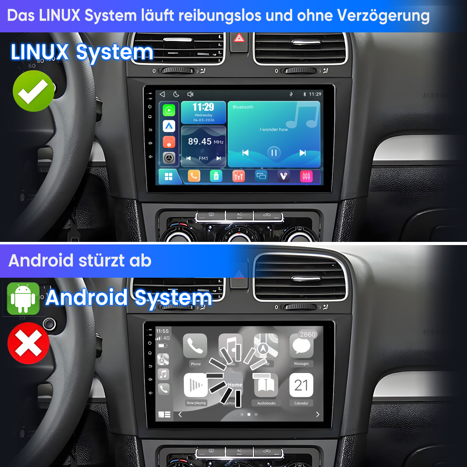 Oben: Linux-System läuft reibungslos. Unten: Android-System stürzt ab.
