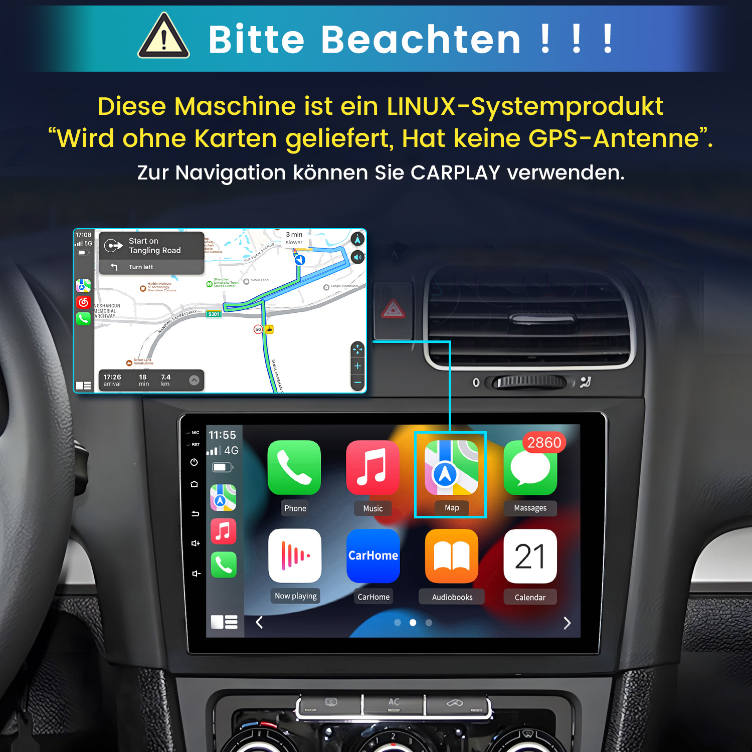 Autoradio mit Navigationsbildschirm und Warnhinweisen auf Deutsch.
