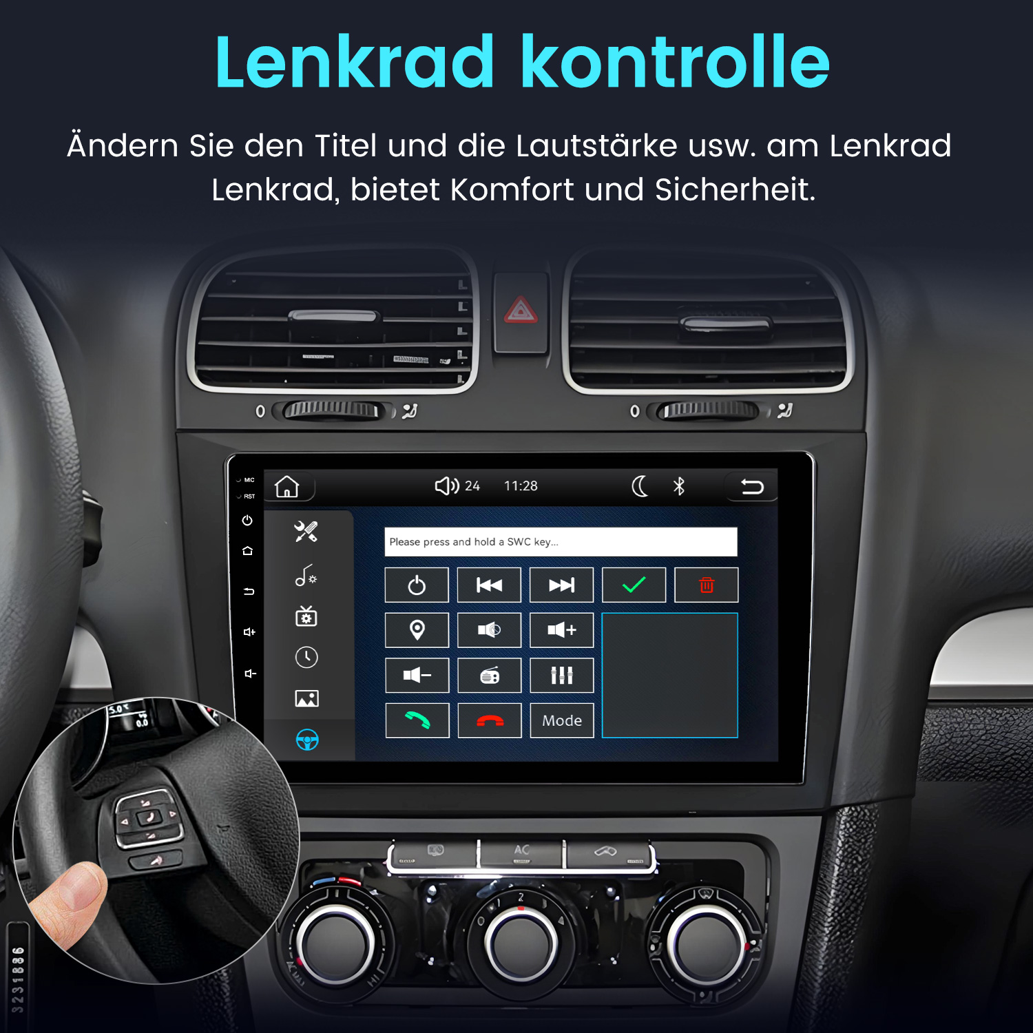 Autoinnenraum mit Touchscreen-Radio, Lenkradfernbedienung und Klimaanlage.