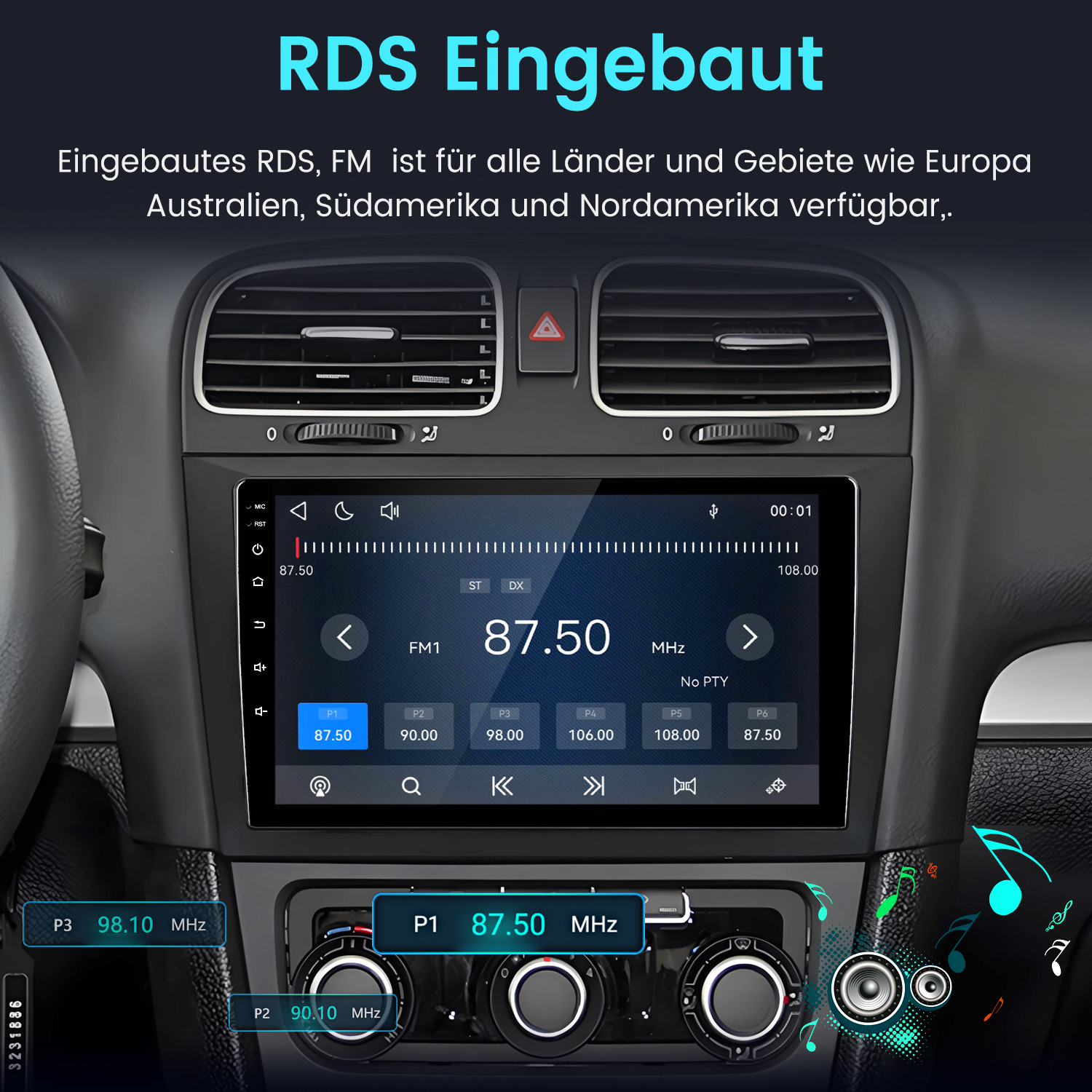 Ein Autoradio-Display zeigt FM-Frequenzen und Senderinformationen an.