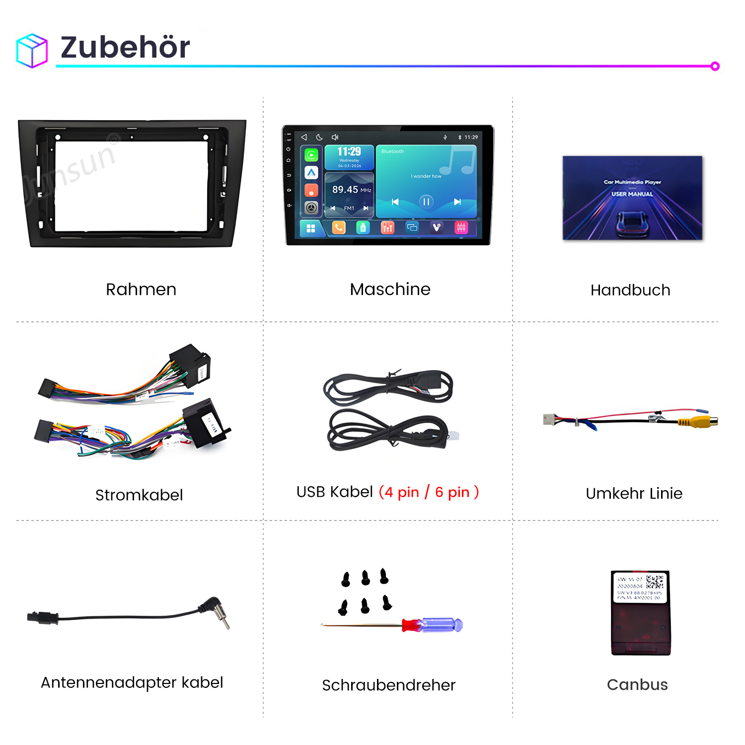Ein schwarzer Rahmen, ein Autoradio, eine Bedienungsanleitung, Kabel, USB-Kabel, Kamera-Kabel, Antennenkabel, Schraubendreher und Canbus.