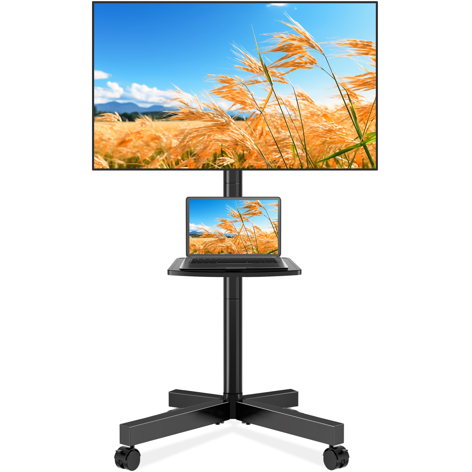 Ein schwarzer TV-Ständer mit Rädern, mit einem Laptop auf einer Ablage und einem großen Bildschirm.
