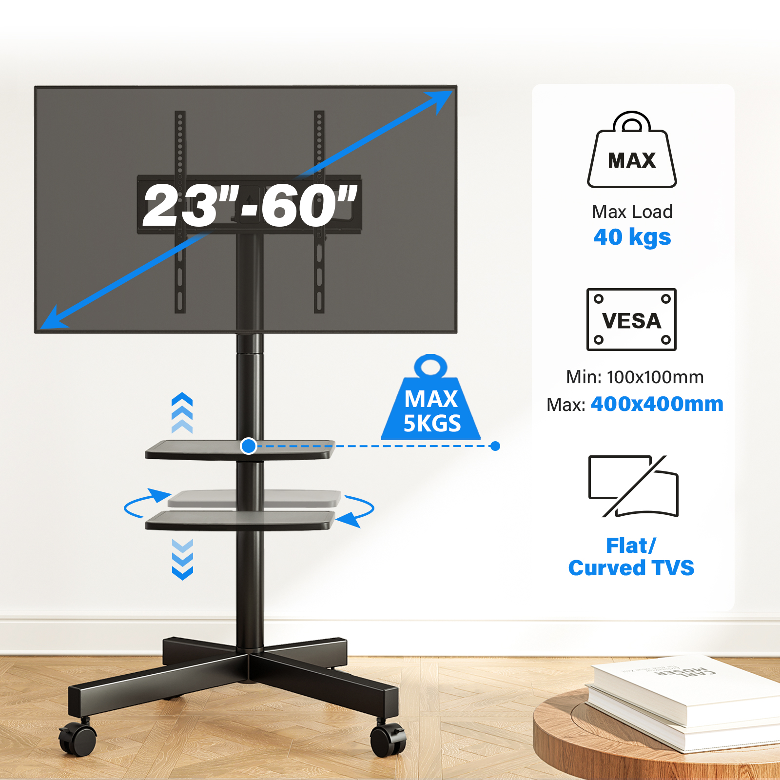 Ein schwarzer TV-Ständer für 23-60 Zoll Fernseher mit zwei Ablagen.