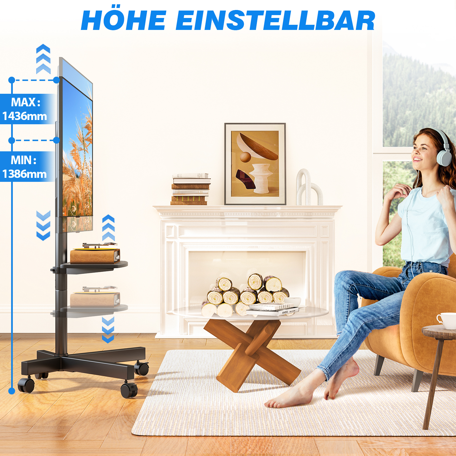 Ein rollbarer TV-Ständer mit verstellbarer Höhe steht neben einem Kamin.