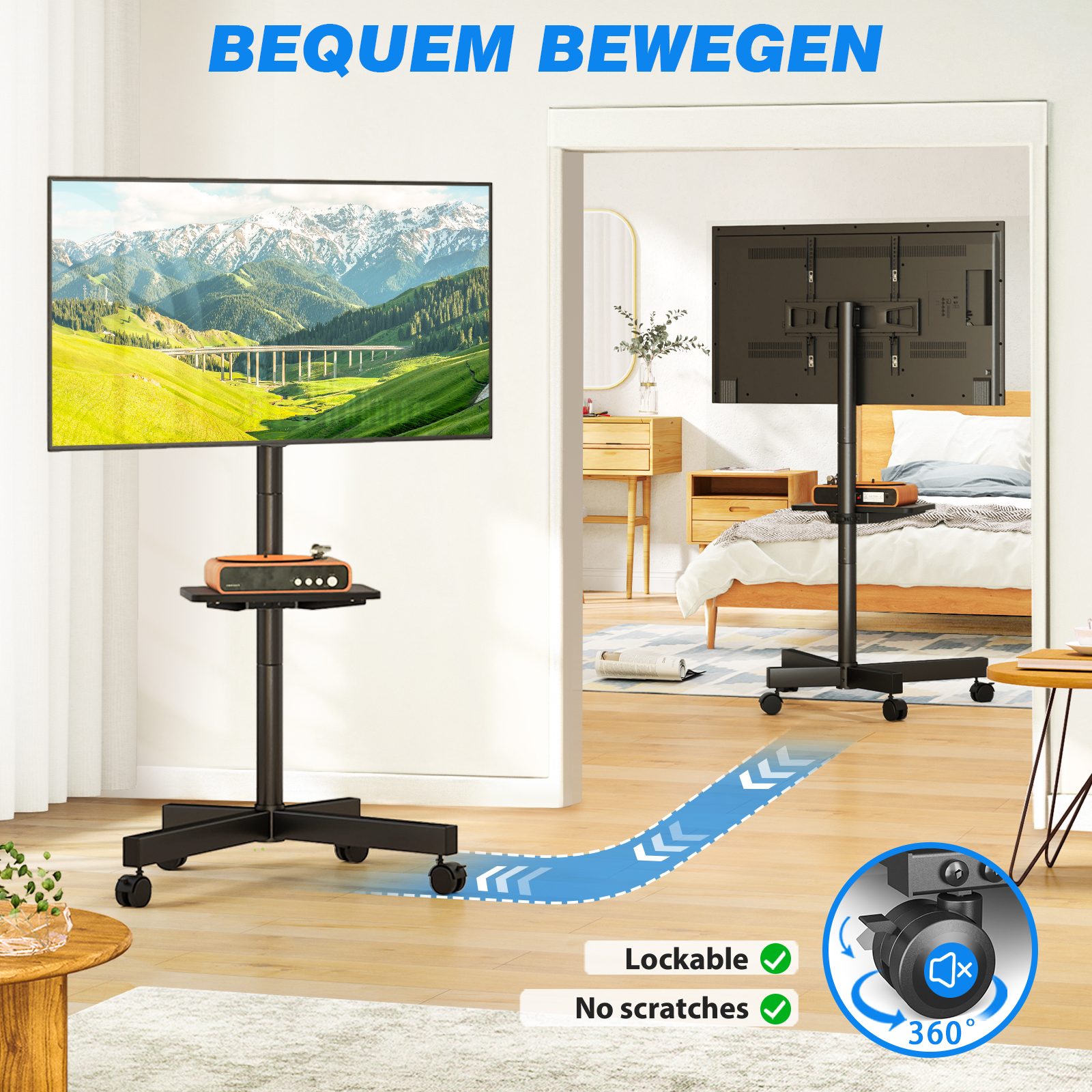 Ein TV-Ständer mit Rädern steht vor einer Kulisse mit Bergen und einer Brücke.