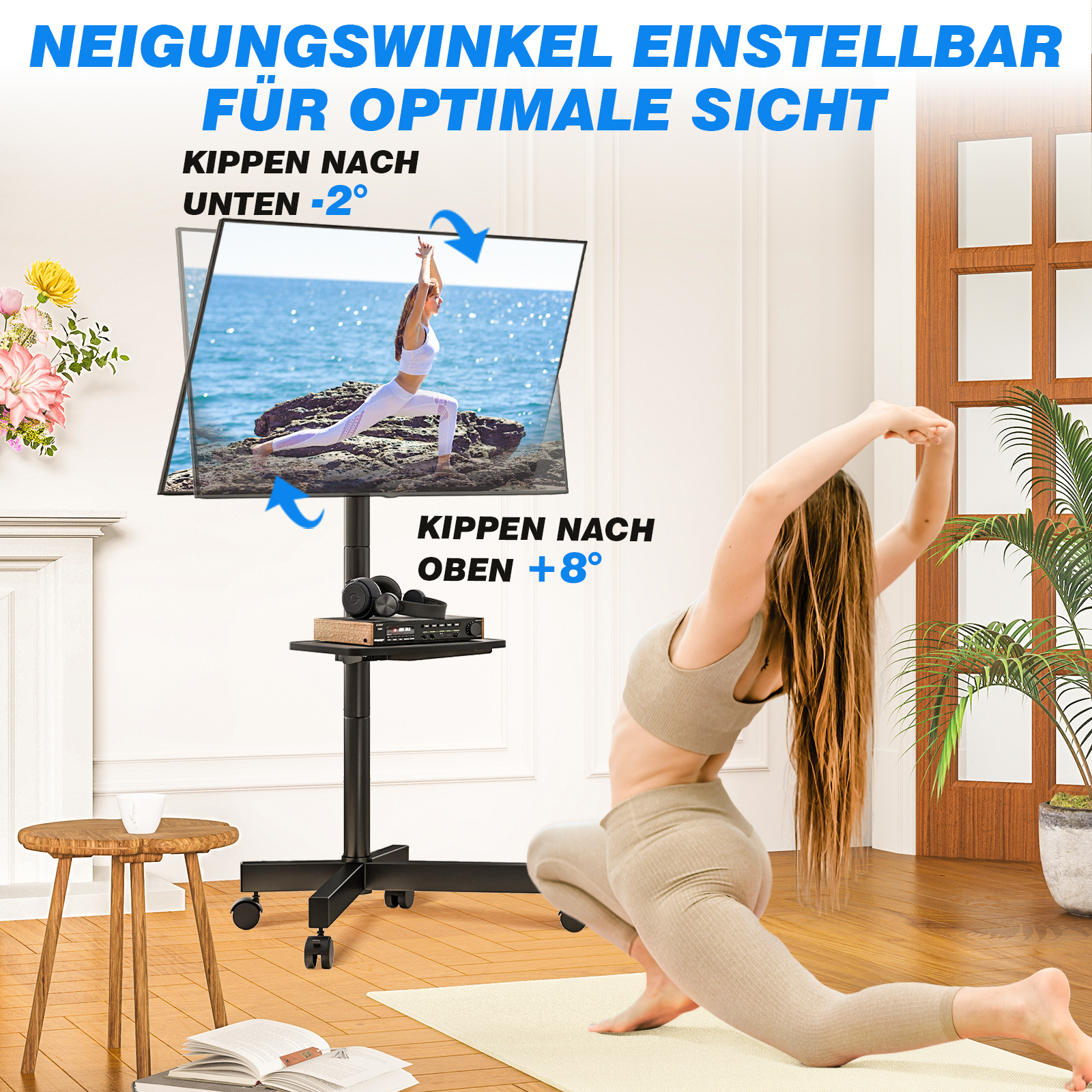 Ein TV-Ständer mit einem Bildschirm zeigt eine Yoga-Übung. Ein Mann dehnt sich.