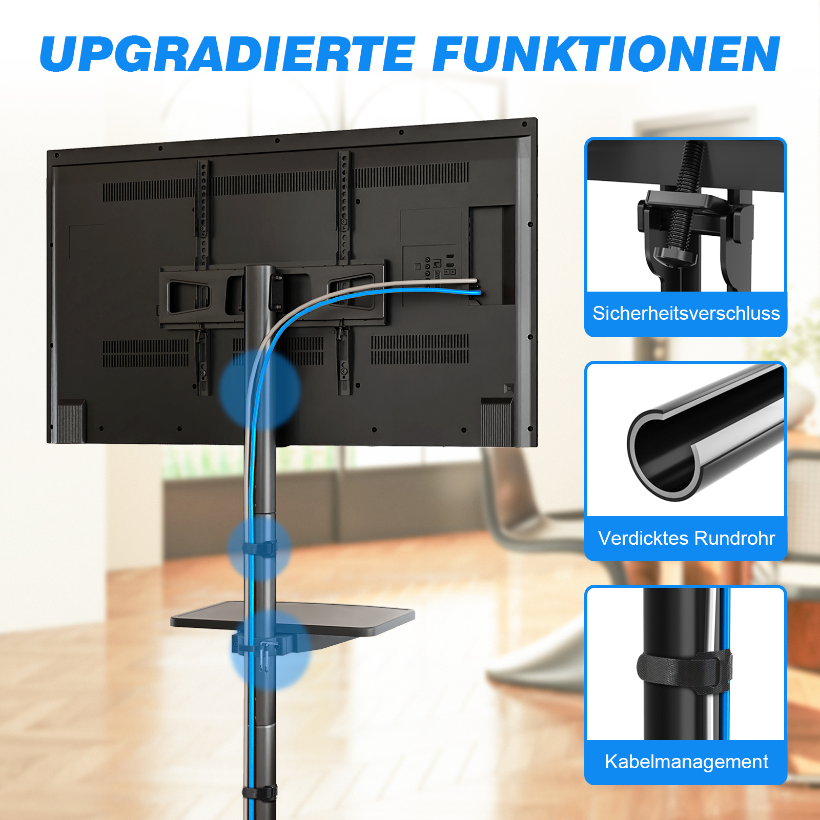 Rückseite eines Fernsehers mit Ständer und Kabelmanagement-Details.