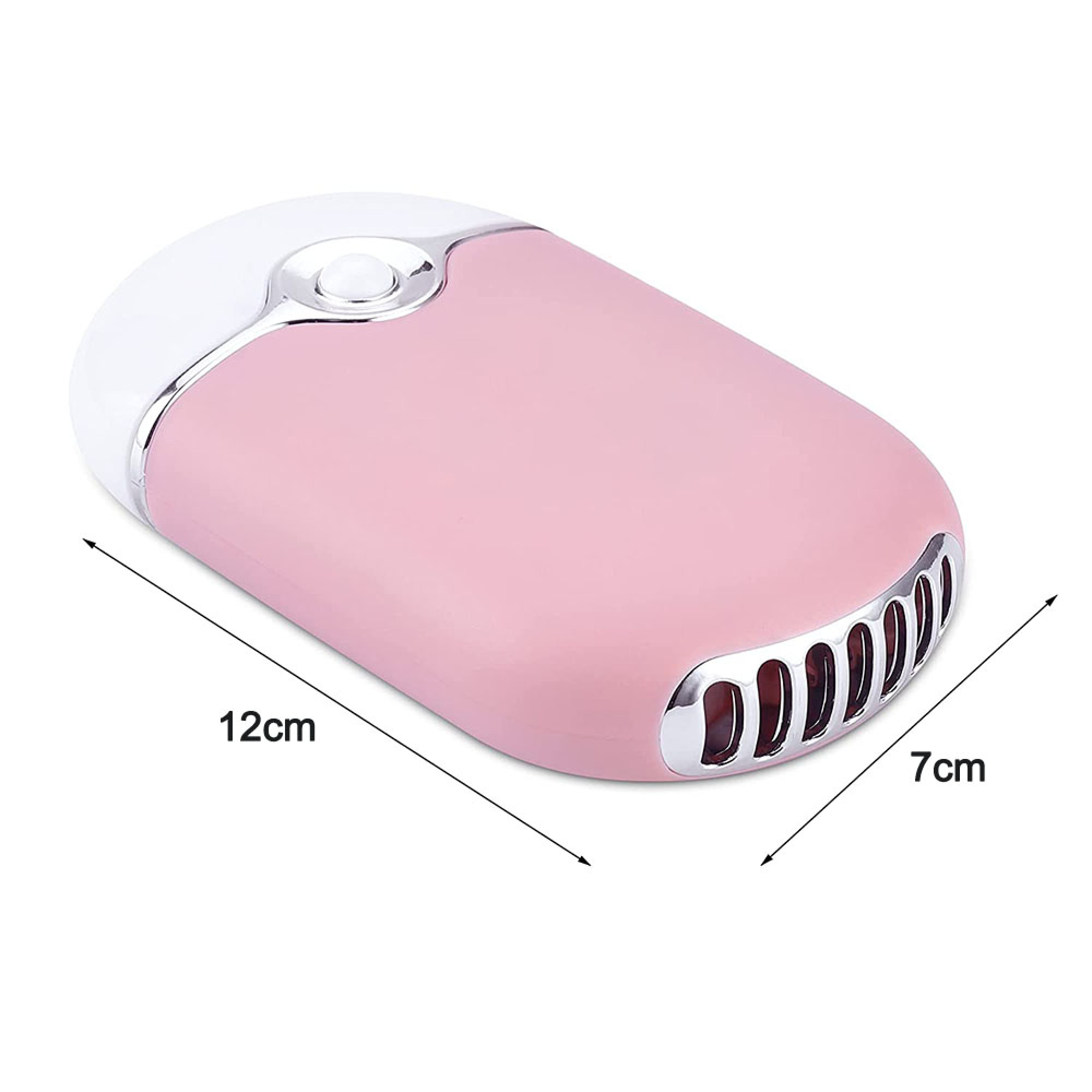 Ein kleiner rosa Lüfter mit weißen und silbernen Akzenten und Lüftungsschlitzen.