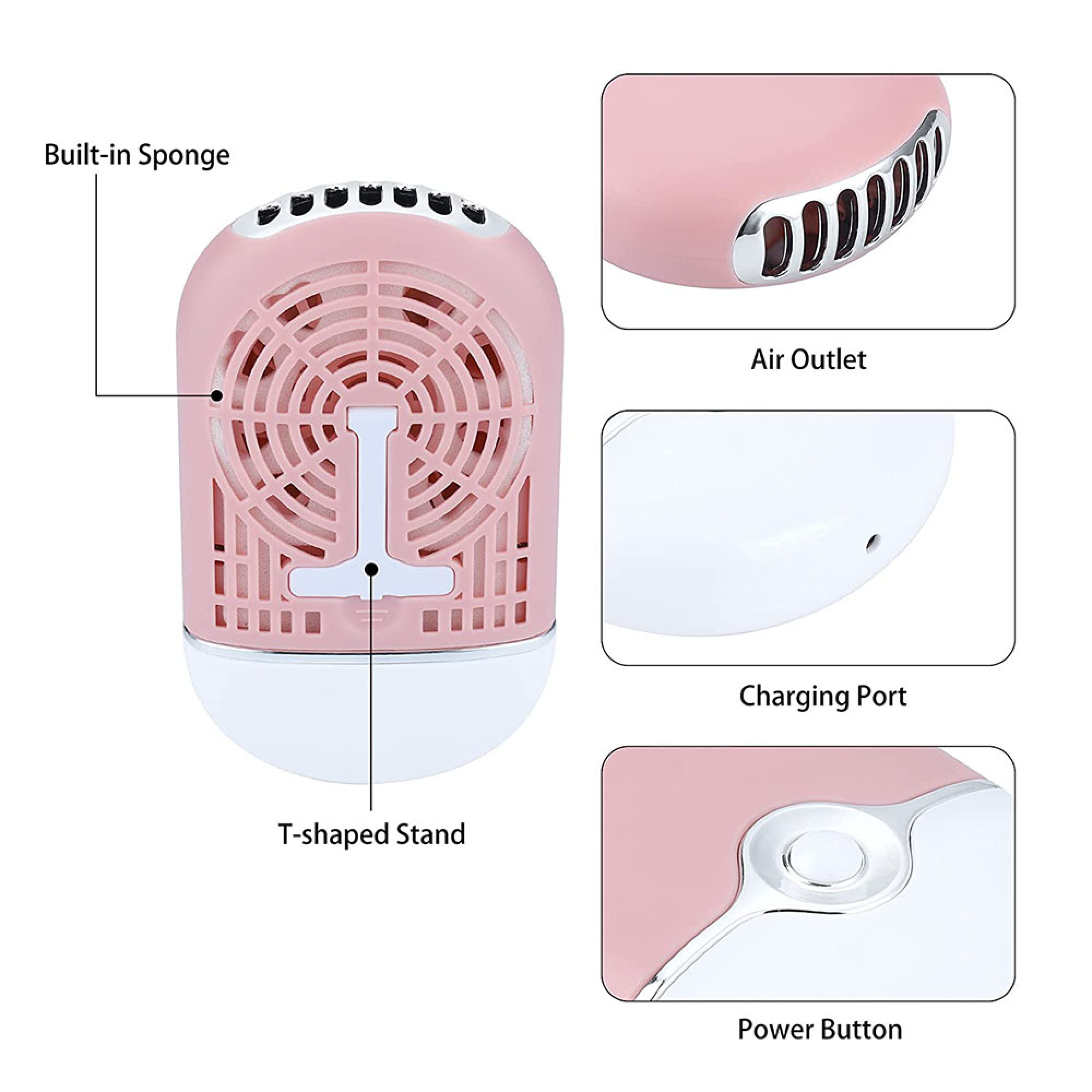 Ein pinker Mini-Ventilator mit Lüftungsschlitzen, Ladeanschluss und T-förmigem Ständer.