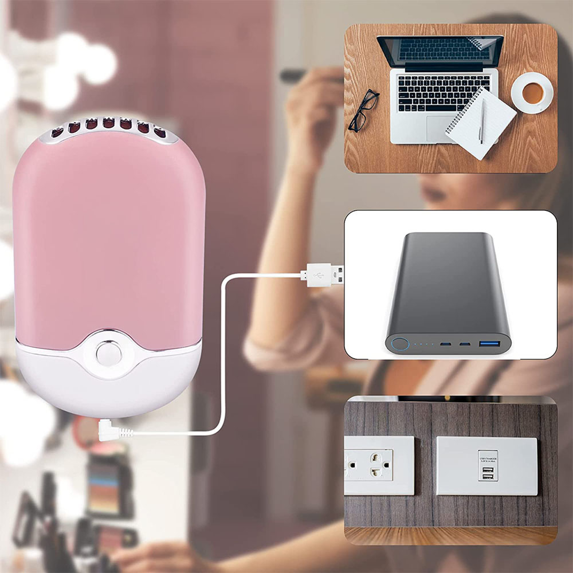 Ein rosa Lüfter ist an eine Powerbank angeschlossen, daneben ein Laptop mit Tasse.