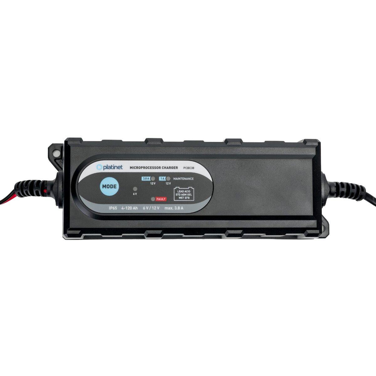 Schwarzes Batterieladegerät mit Platinen-Logo und LCD-Anzeige. Mehrere Anzeigen und Tasten.