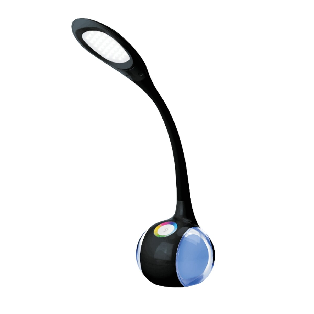 Eine schwarze LED-Schreibtischlampe mit einem flexiblen Arm und einem runden Sockel mit blauer Beleuchtung.