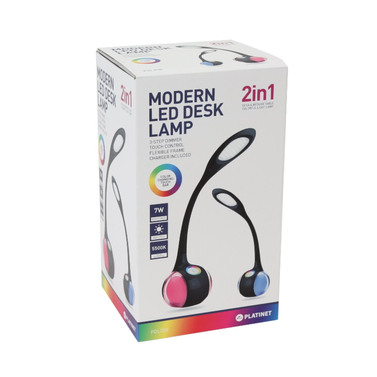 Verpackung für eine 2-in-1 moderne LED-Schreibtischlampe mit Touch-Steuerung und Farbwechsel.