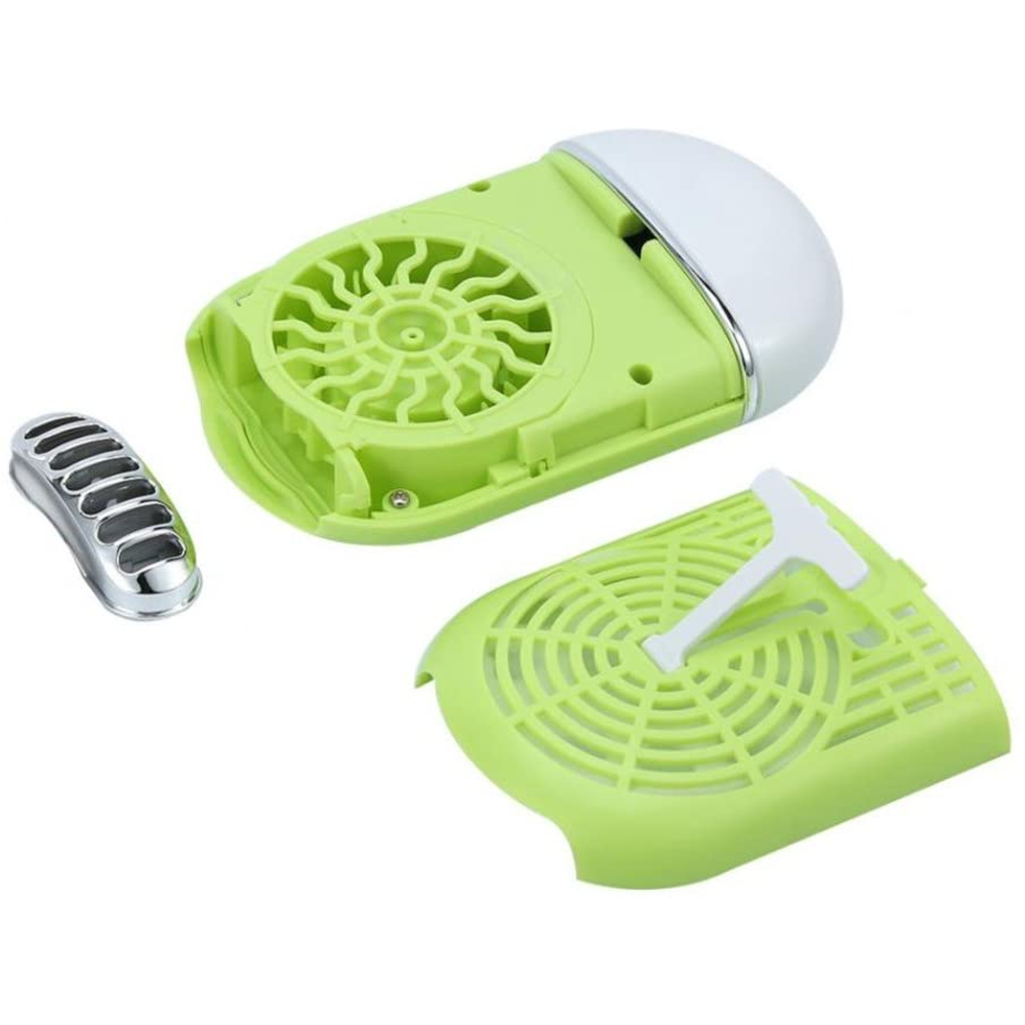 Ein zerlegter, hellgrüner Mini-Ventilator mit silbernem Gitter auf weißem Hintergrund.