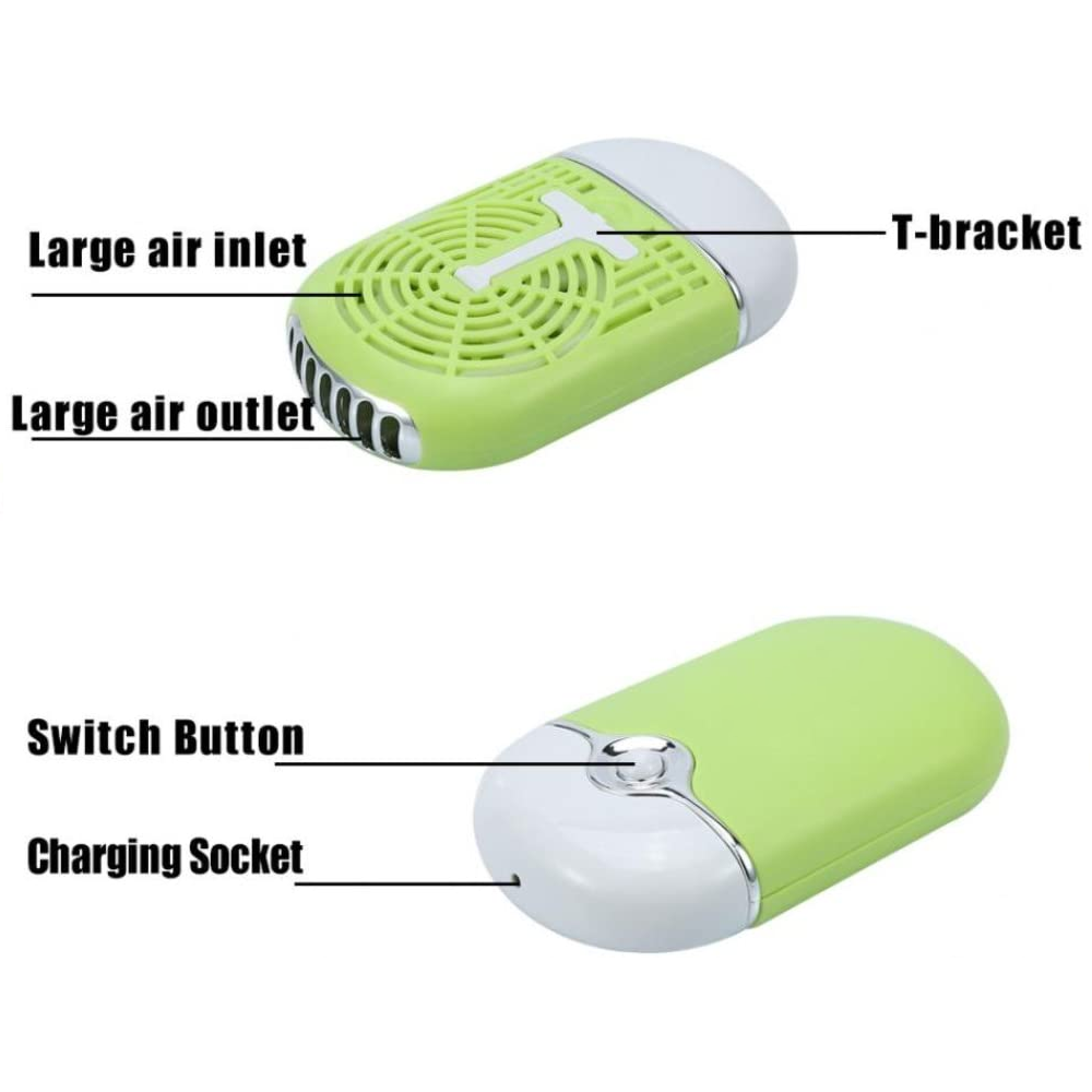 Ein hellgrüner tragbarer Ventilator mit T-Halterung, Lufteinlässen und -auslass. Knopf und Ladebuchse sichtbar.