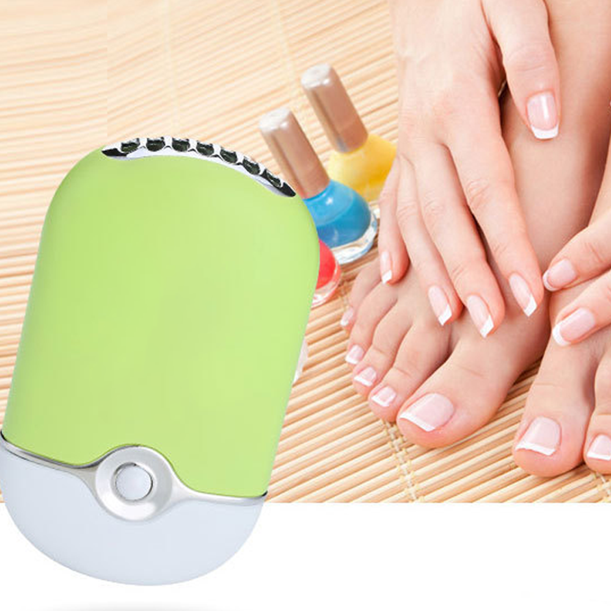Grüner Nagelfräser neben gepflegten Füßen und Händen mit Nagellack.