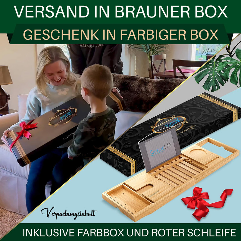 Mutter und Sohn packen ein Geschenk aus; daneben eine hölzerne Badewannenablage.