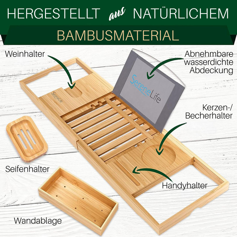 Badezimmer-Caddy aus Bambus mit Halterungen für Wein, Seife, Kerzen und Handy.