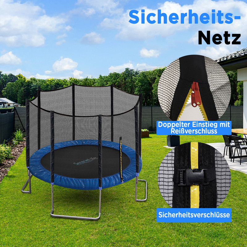 Ein blauer und schwarzer Trampolin mit Sicherheitsnetz steht auf einem grünen Rasen. Nahaufnahmen zeigen Reißverschluss und Schnalle.