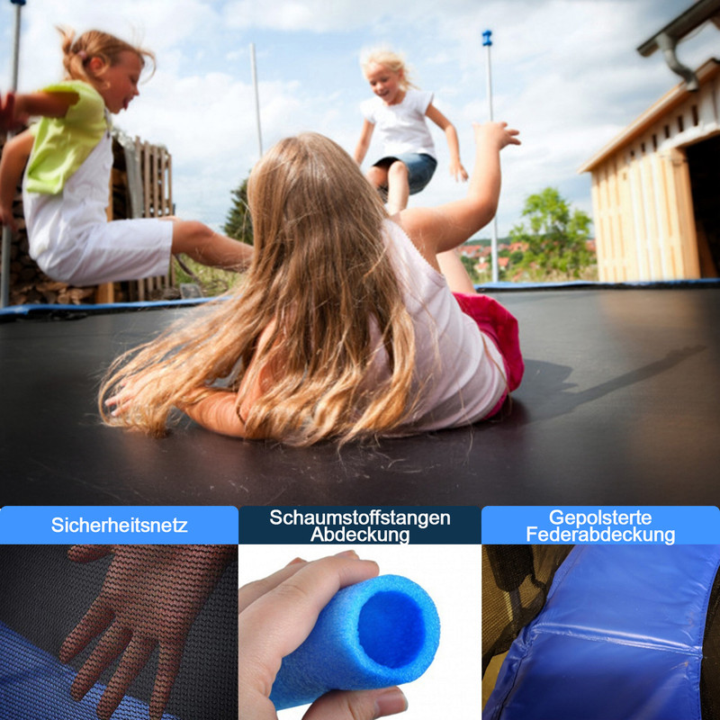 Kinder springen auf einem Trampolin, drei Ansichten von Zubehör.
