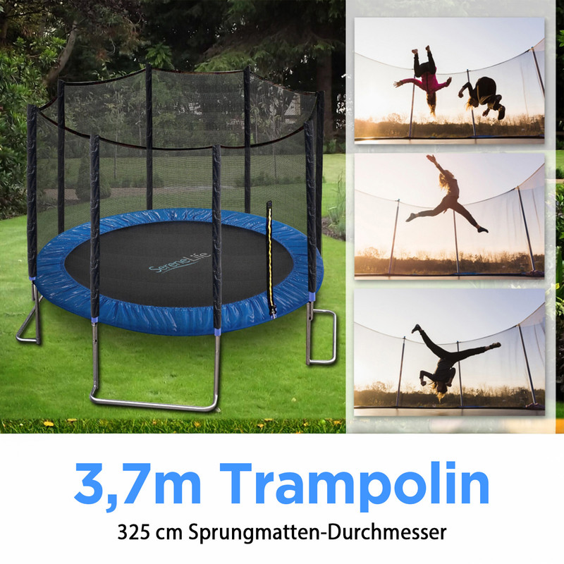 Ein blauer Trampolin mit Sicherheitsnetz steht auf einem grünen Rasen. Daneben sind drei Fotos von Menschen beim Trampolinspringen.