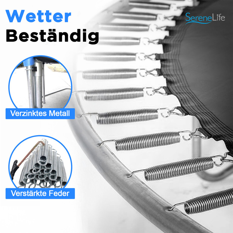 Trampolinfederung mit verzinktem Metall und verstärkten Federn, wetterbeständig.