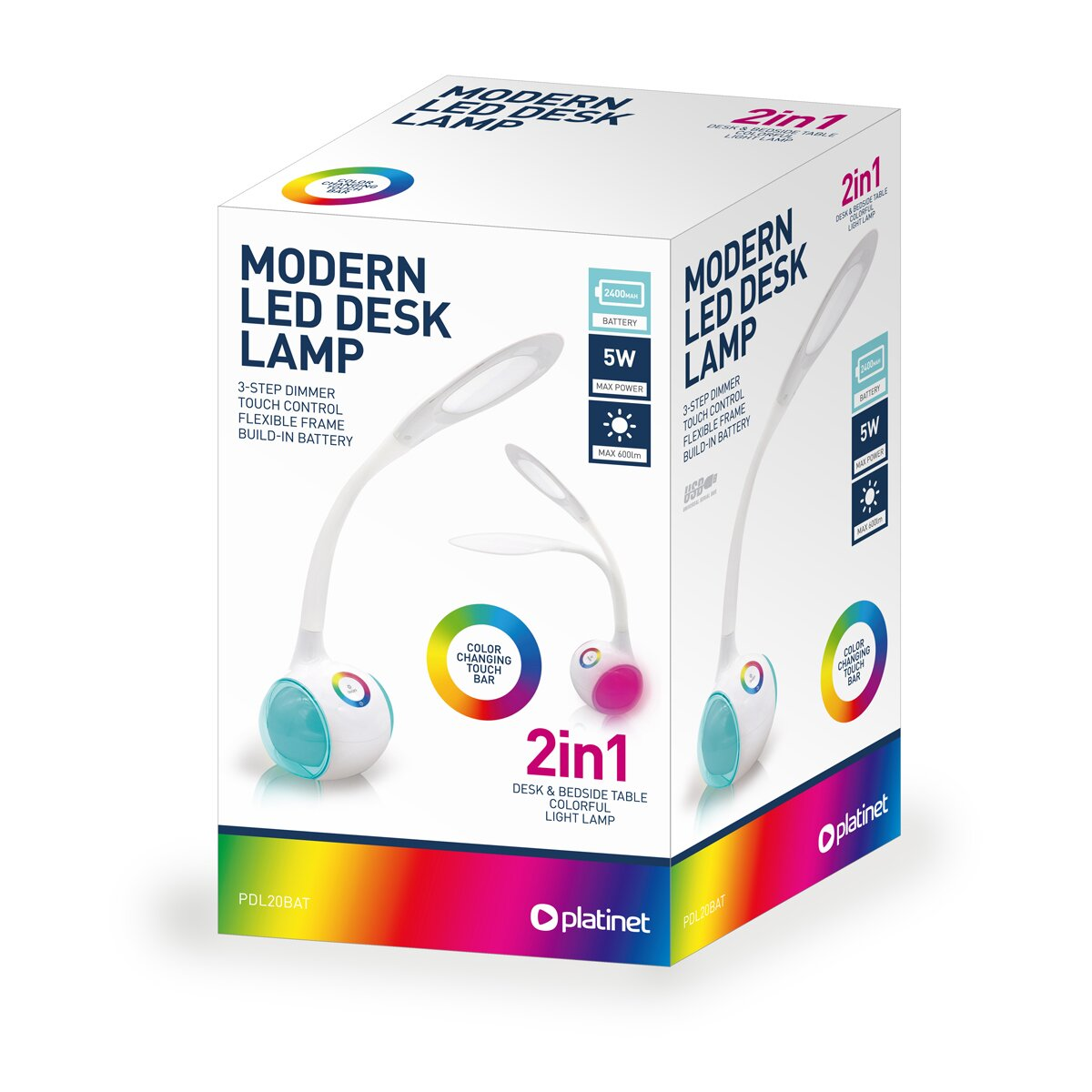 Verpackung für eine moderne LED-Schreibtischlampe, 2-in-1-Design, mit farbwechselndem Licht.