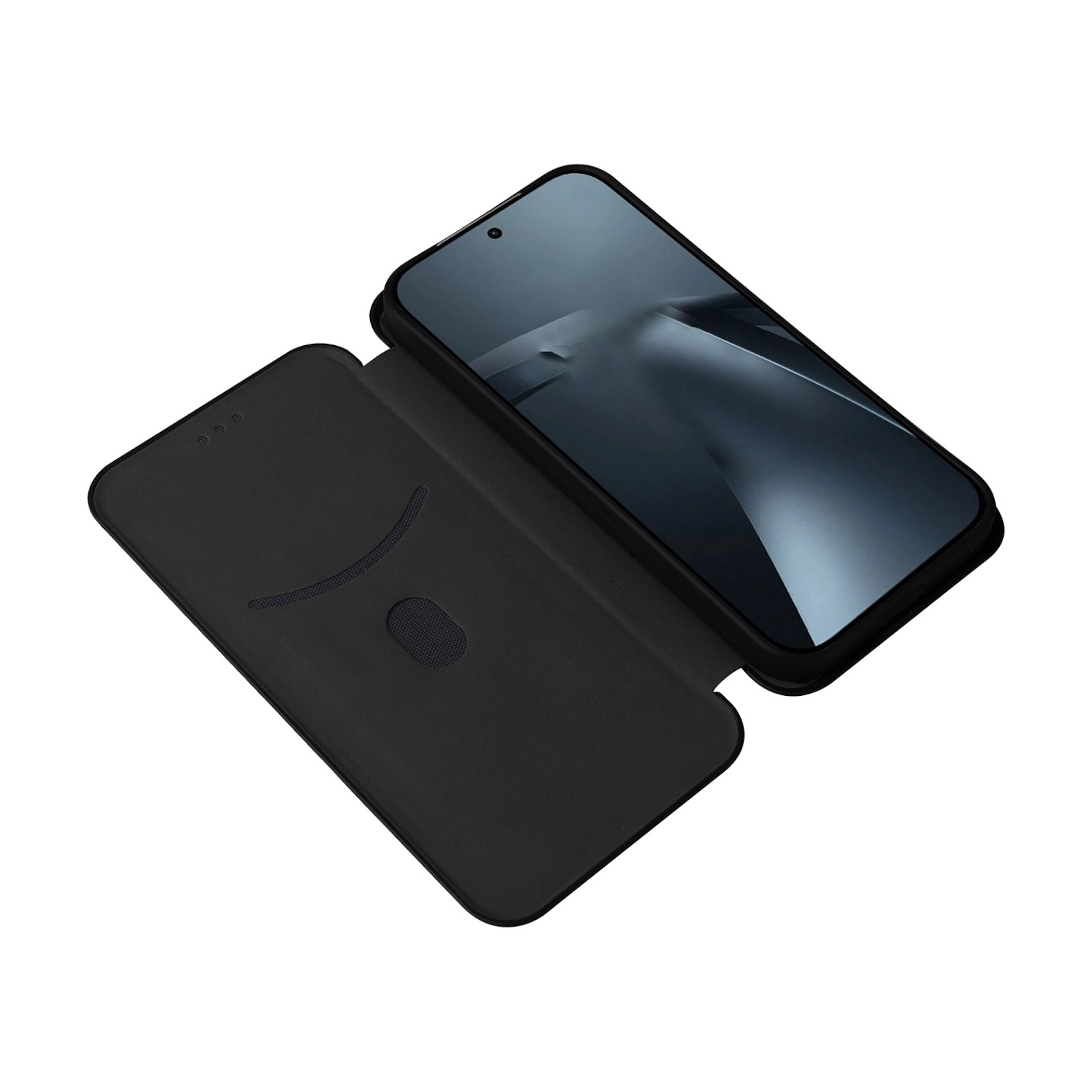 Schwarzes Smartphone mit geöffneter Hülle, das auf einem weißen Hintergrund liegt.