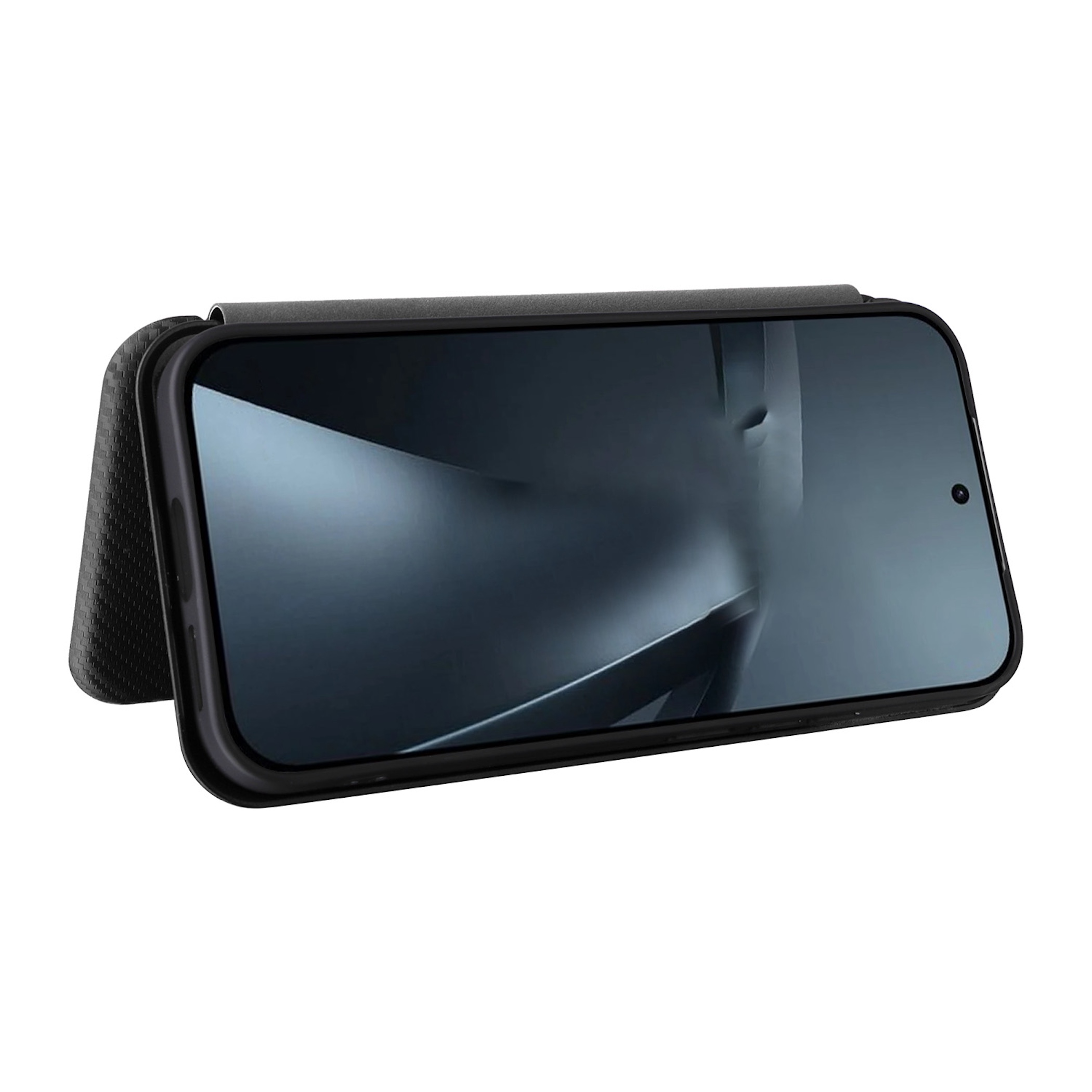 Ein schwarzes Smartphone mit einer Klapphülle auf einem weißen Hintergrund.