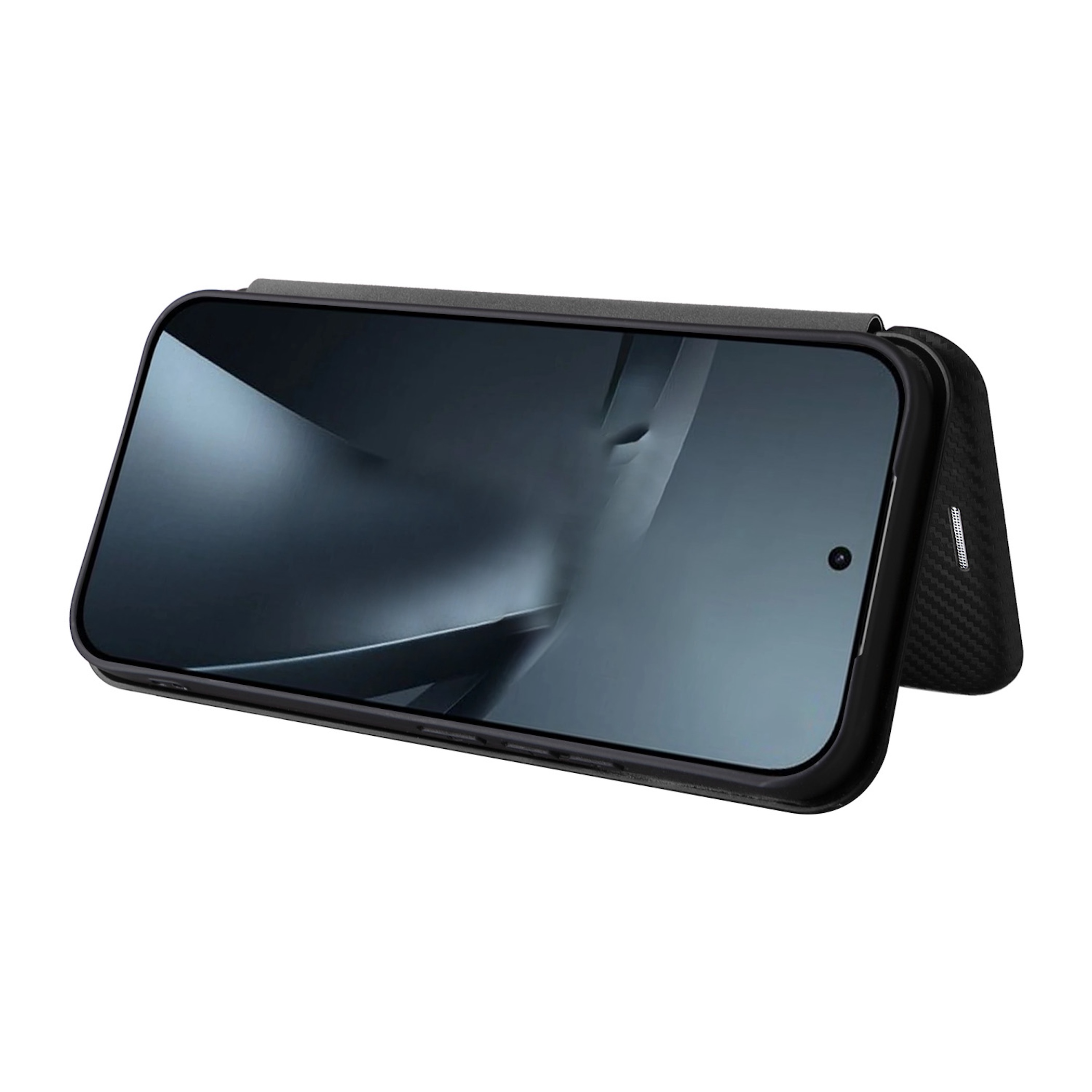 Ein schwarzes Smartphone mit einem Flip-Cover, das als Ständer dient.
