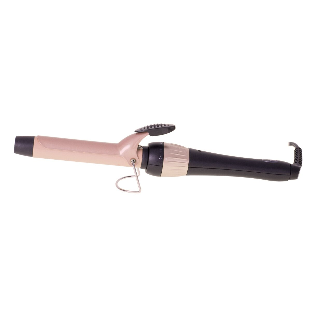 Un arricciacapelli oro rosa e nero con supporto.